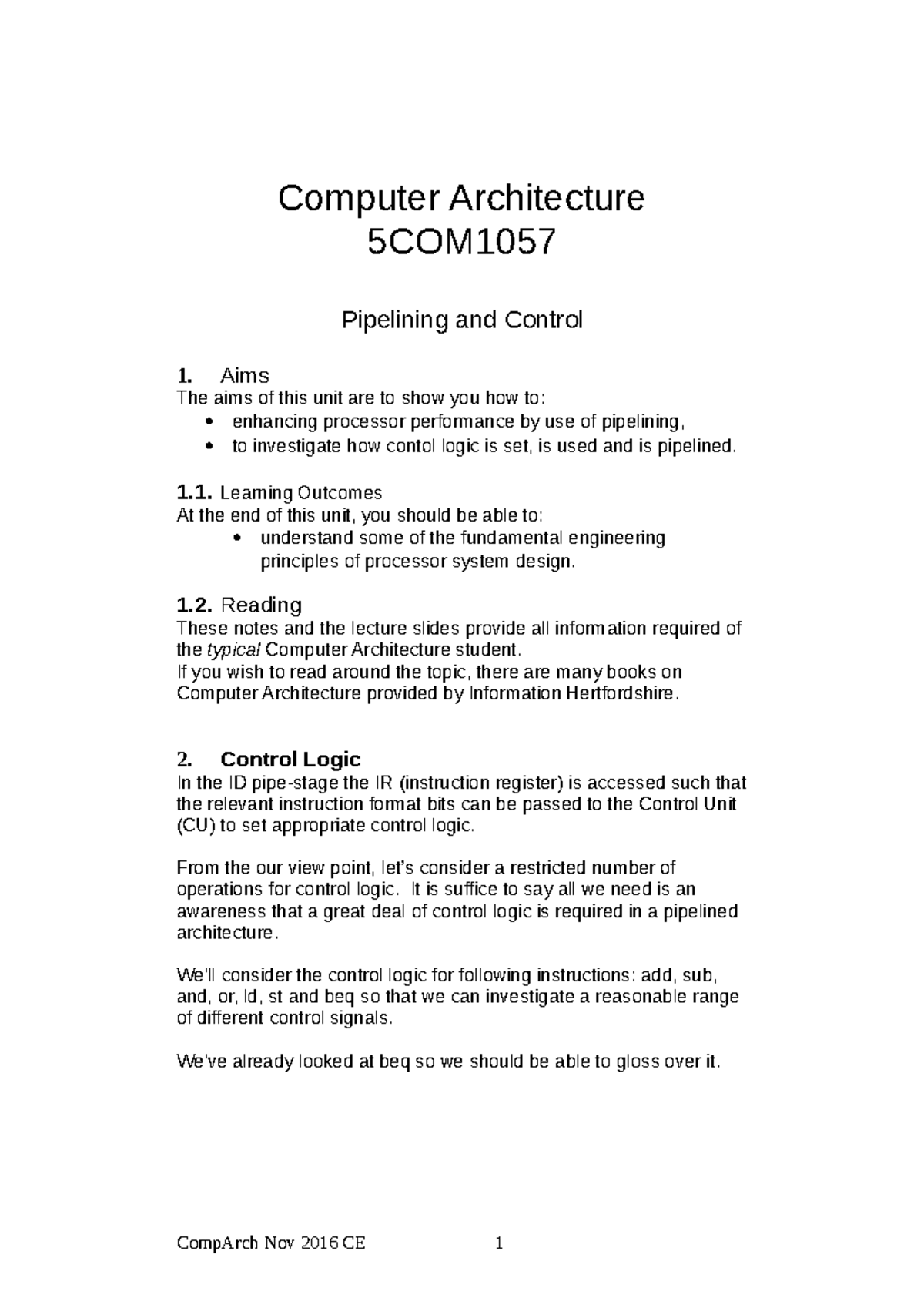 Comp Arch Notes - Pipelining and Control - Computer Architecture 5COM ...