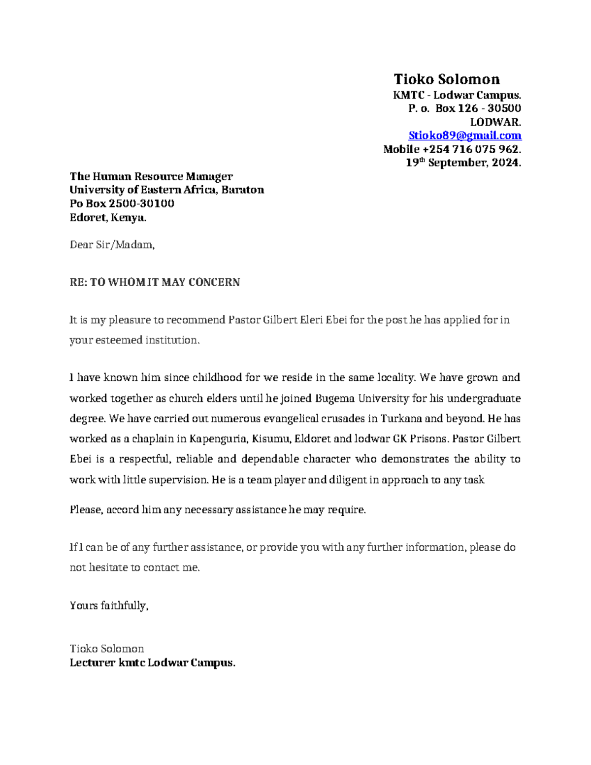 for Gilbert Ebei Tioko Solomon KMTC Lodwar Campus. P