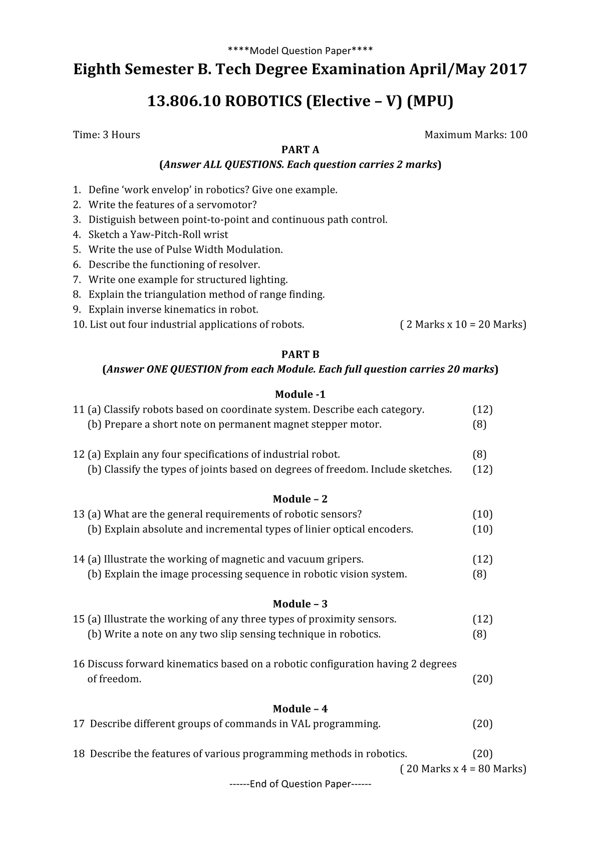 Robotics ELEV Mpu1491904584 - Model Question Paper Eighth Semester B ...