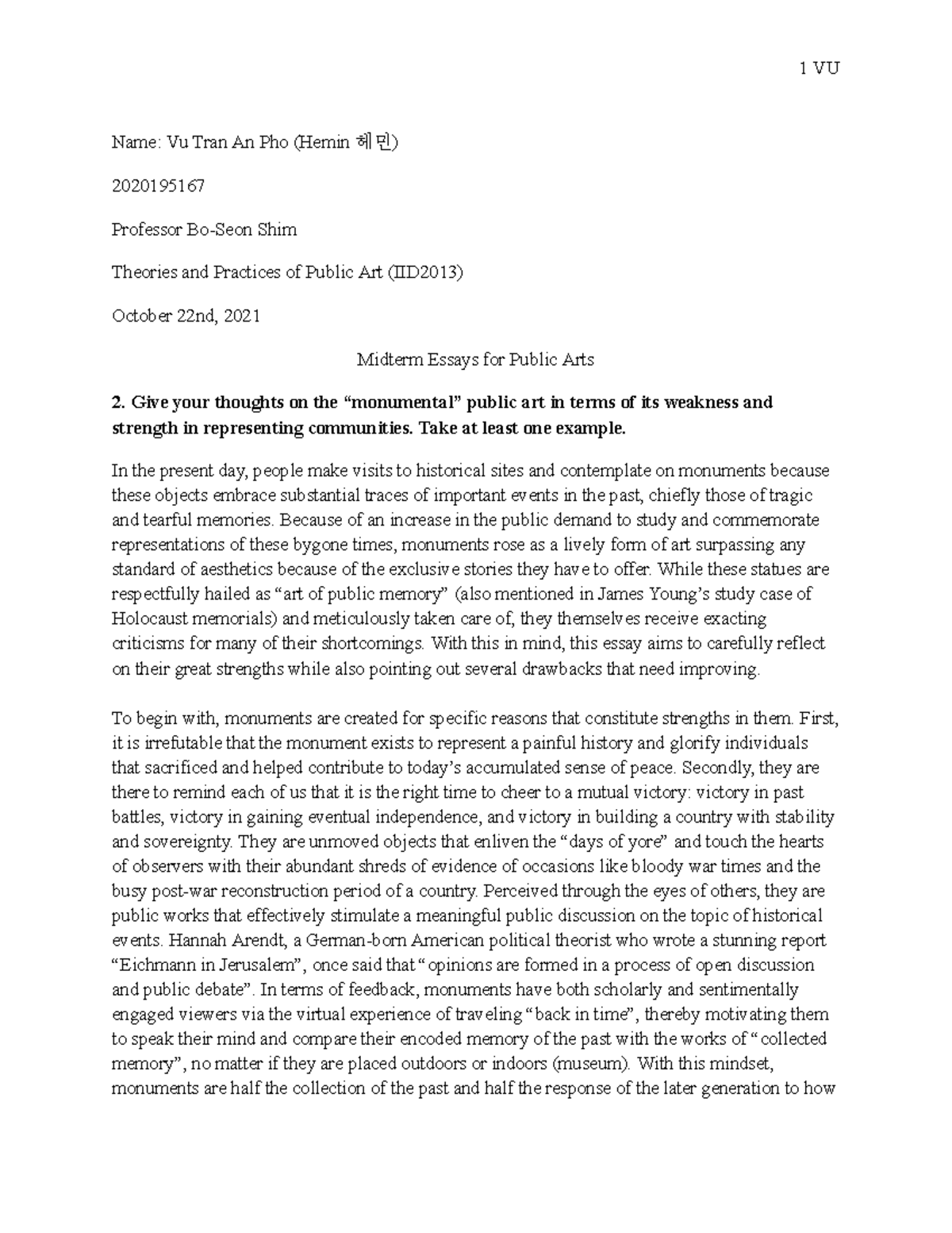 Midterm Essays for Public Arts - Name: Vu Tran An Pho (Hemin 헤민 ...