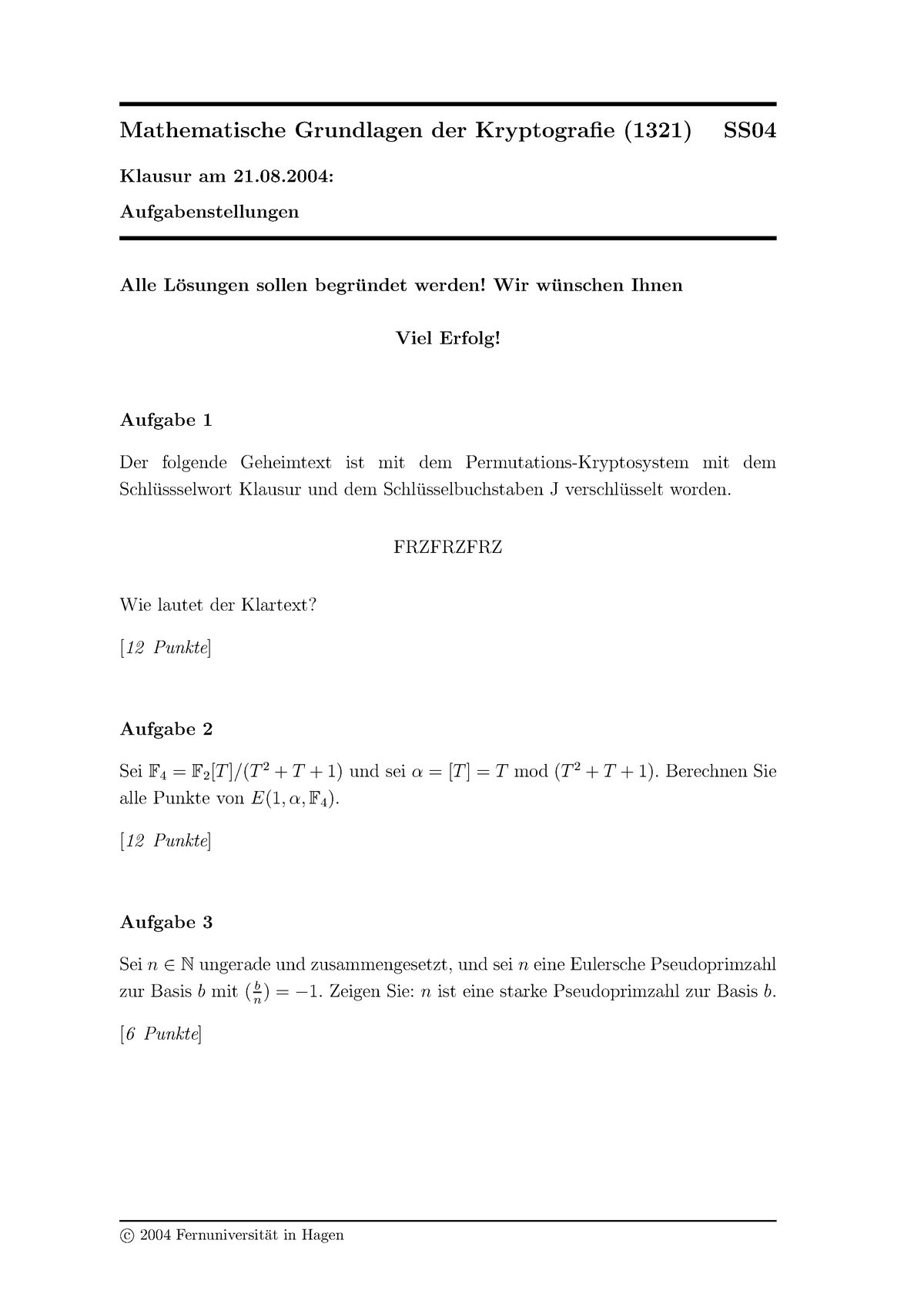 Mathematische Grundlagen Der Kryptografie: Klausur Vom 21.08.2004 ...