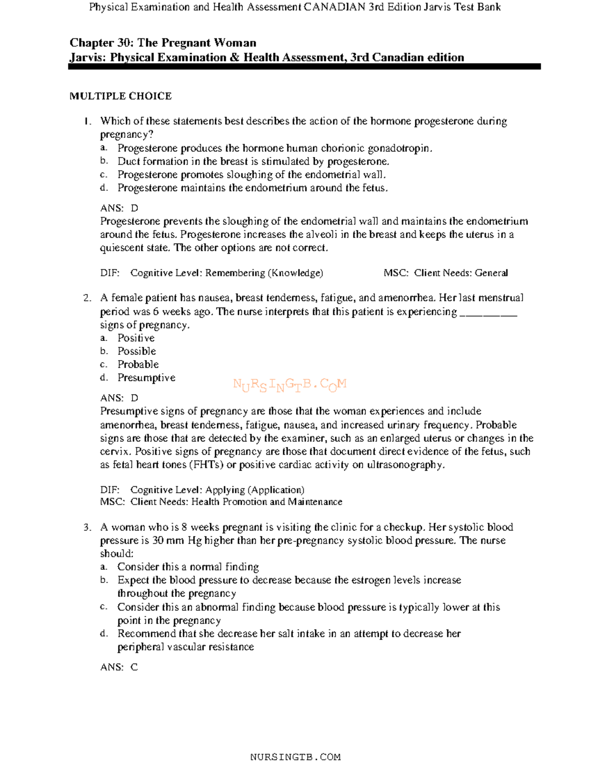 Chapter 30 - Jarvis 3rd Edition- Test Bank - For Final Exam - NURSINGTB ...