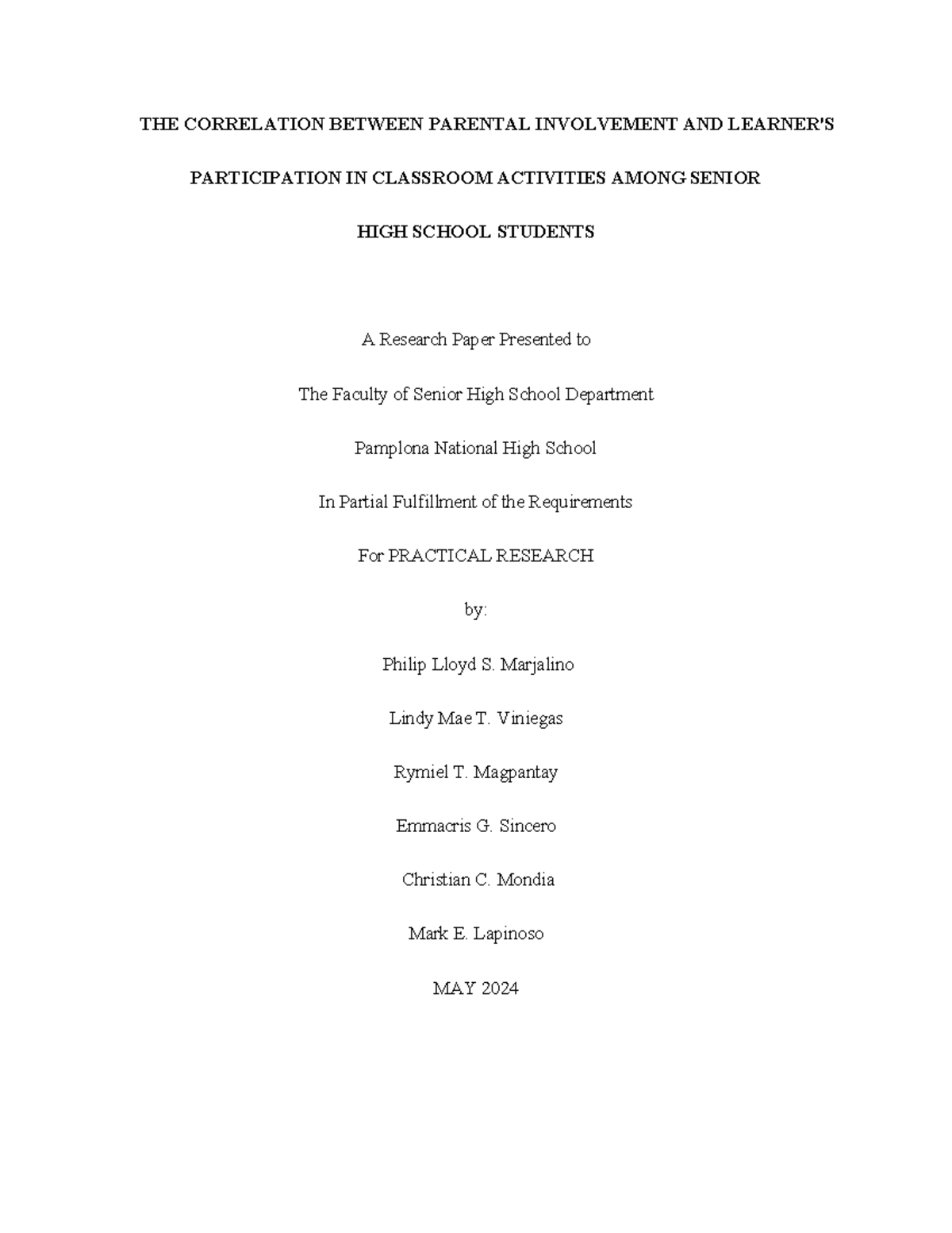 Group 3 THE Correlation Between Parental Involvement AND Learner'S ...