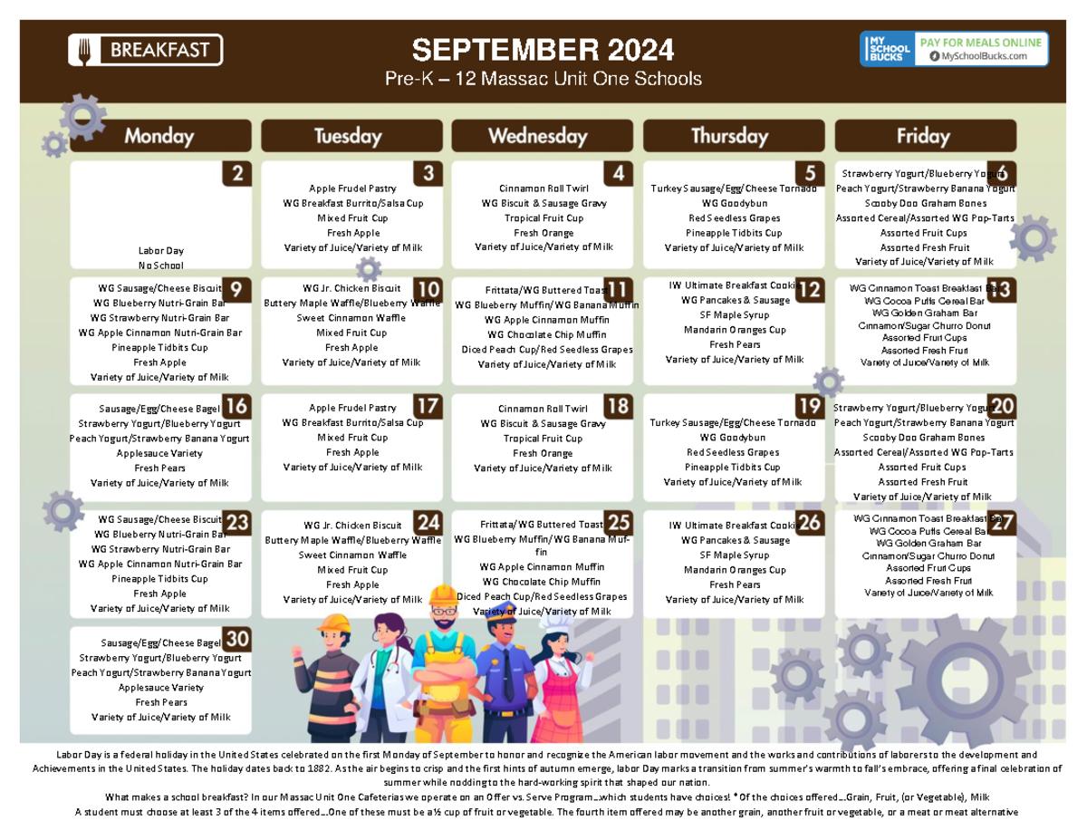 September 2024 MJHS Breakfast SEPTEMBER 2024 PreK 12 Massac Unit