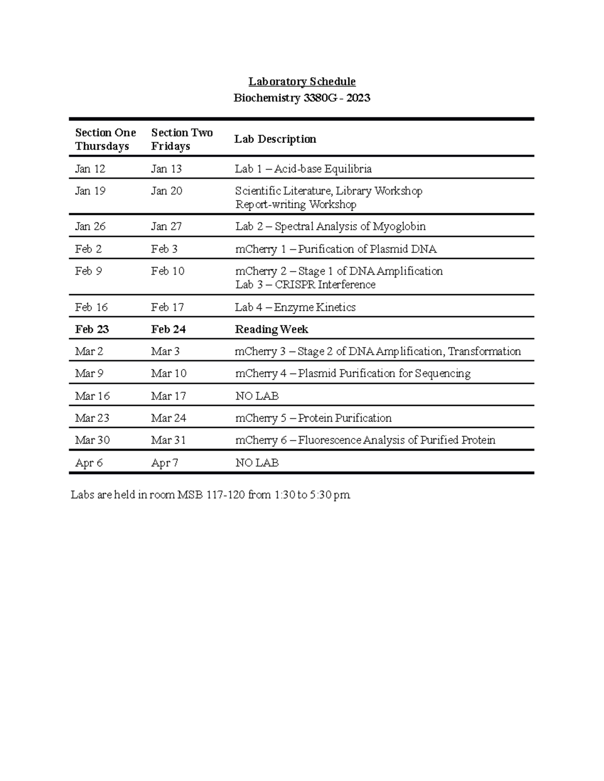 Lab and Submission Schedules 2023 Laboratory Schedule Biochemistry