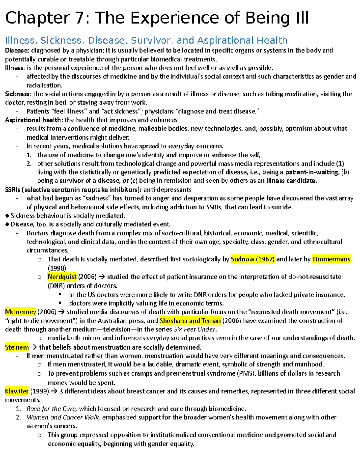 SY215 Chapter 7 notes - Chapter 7: The Experience of Being Ill Illness ...