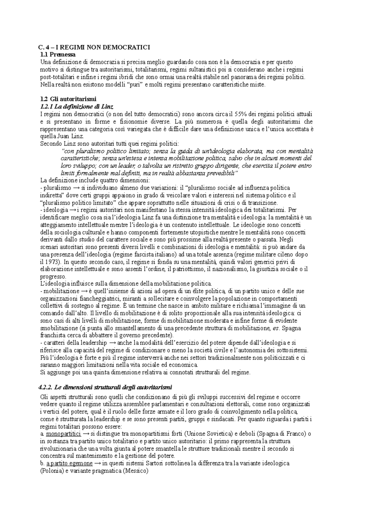 Riassunto capire la politica - C. 4 – I REGIMI NON DEMOCRATICI 1 ...