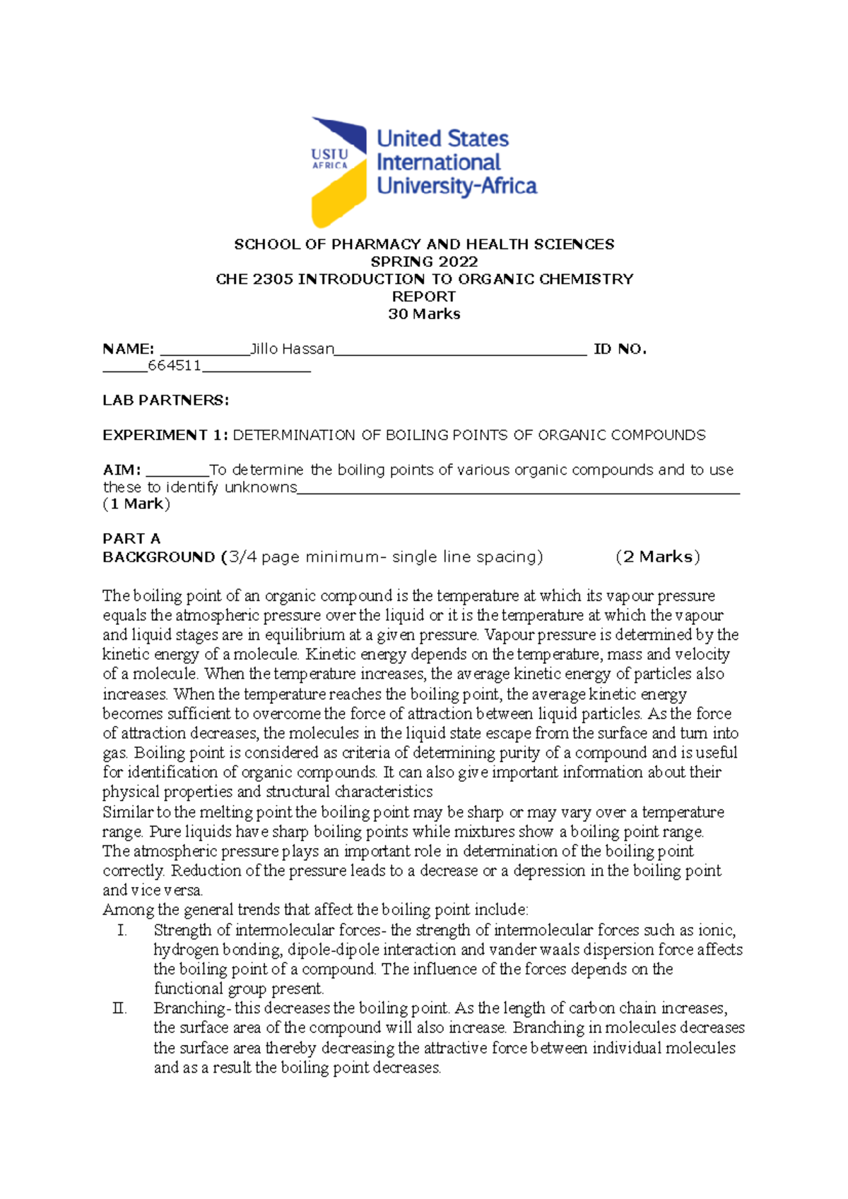 Lab Report 1 Determination of Boiling Points SCHOOL OF PHARMACY AND