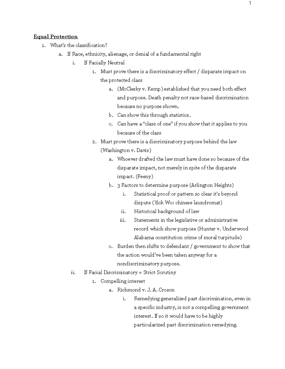 Equal protection Con Law II Outline Equal Protection 1. What’s the