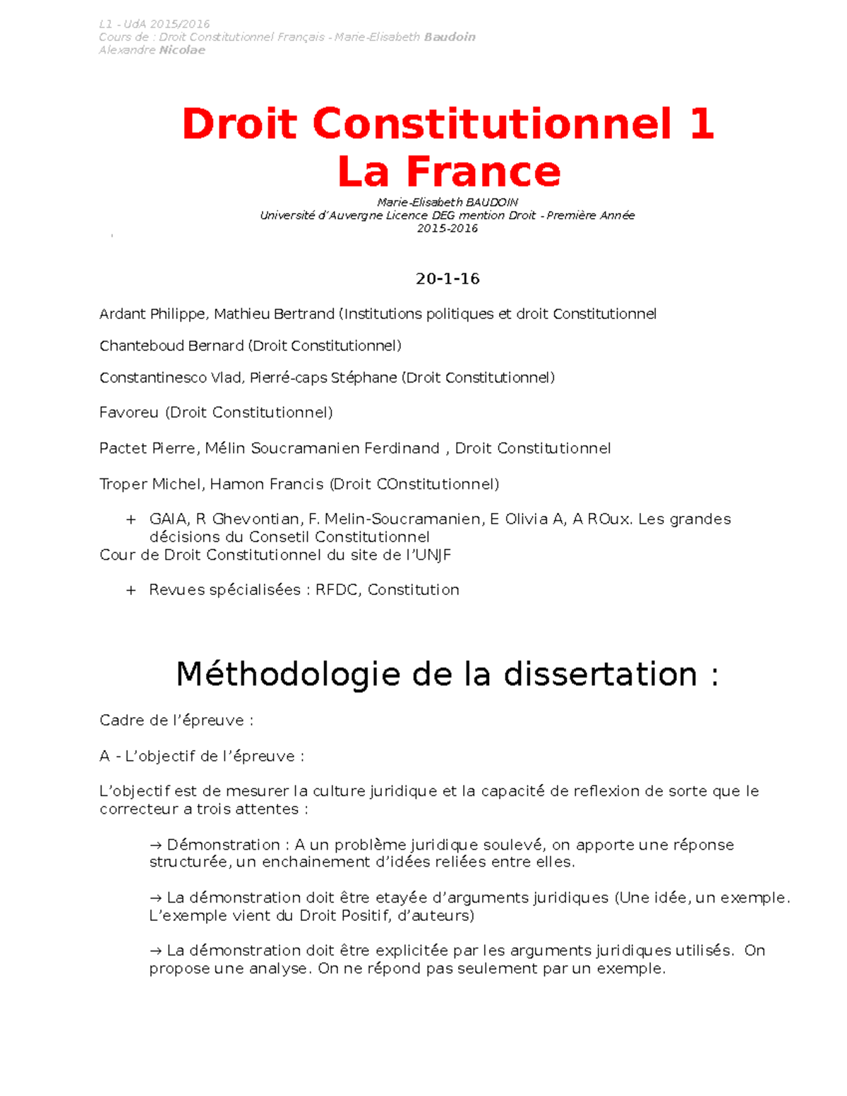 Fiche Révision Droit Constitutionnel L1 Semestre 1