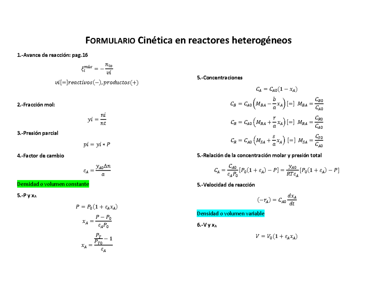 Formulario Cinetica Formulario Cinética En Reactores Heterogéneos 1 Avance De Reacción Pag