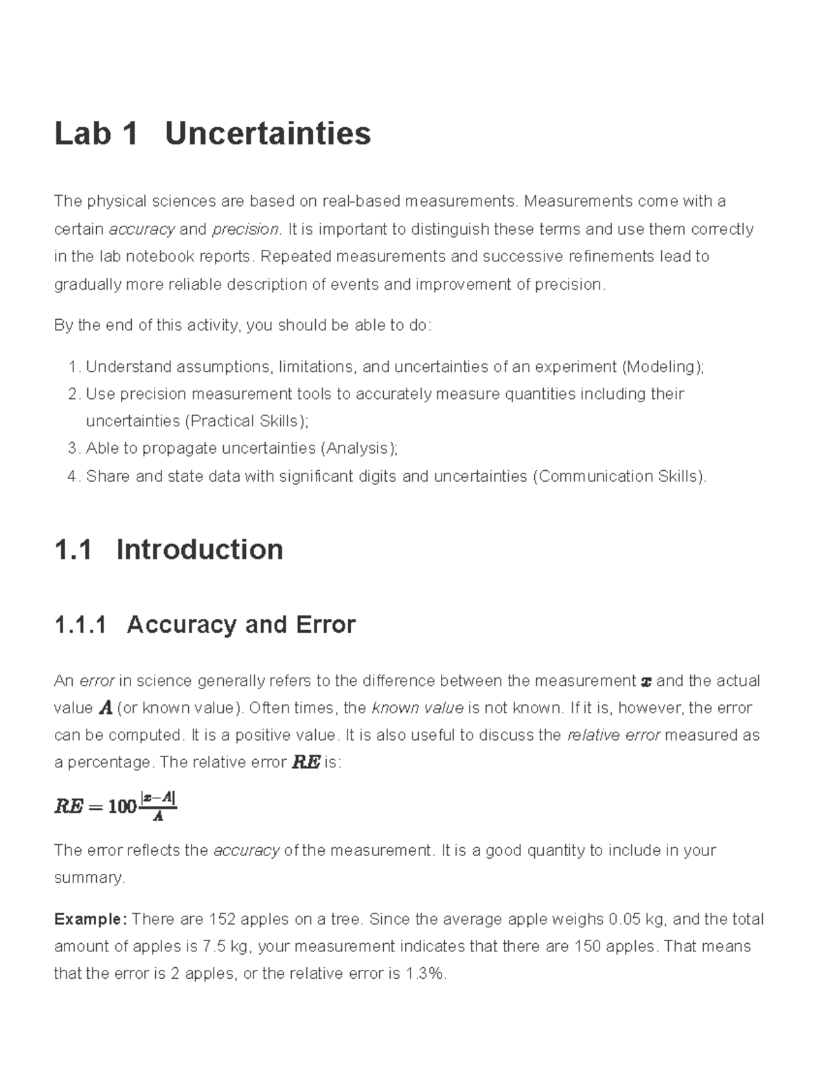 Lab 1 Uncertainties PHYS 152 Laboratory Manual 2022 - Lab 1 ...