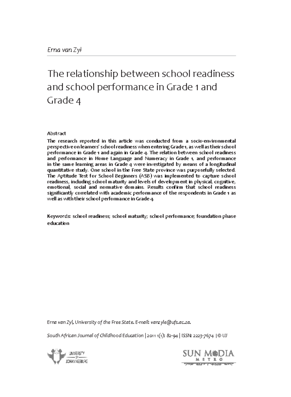 The Relationship between School Readiness and School Performance in ...