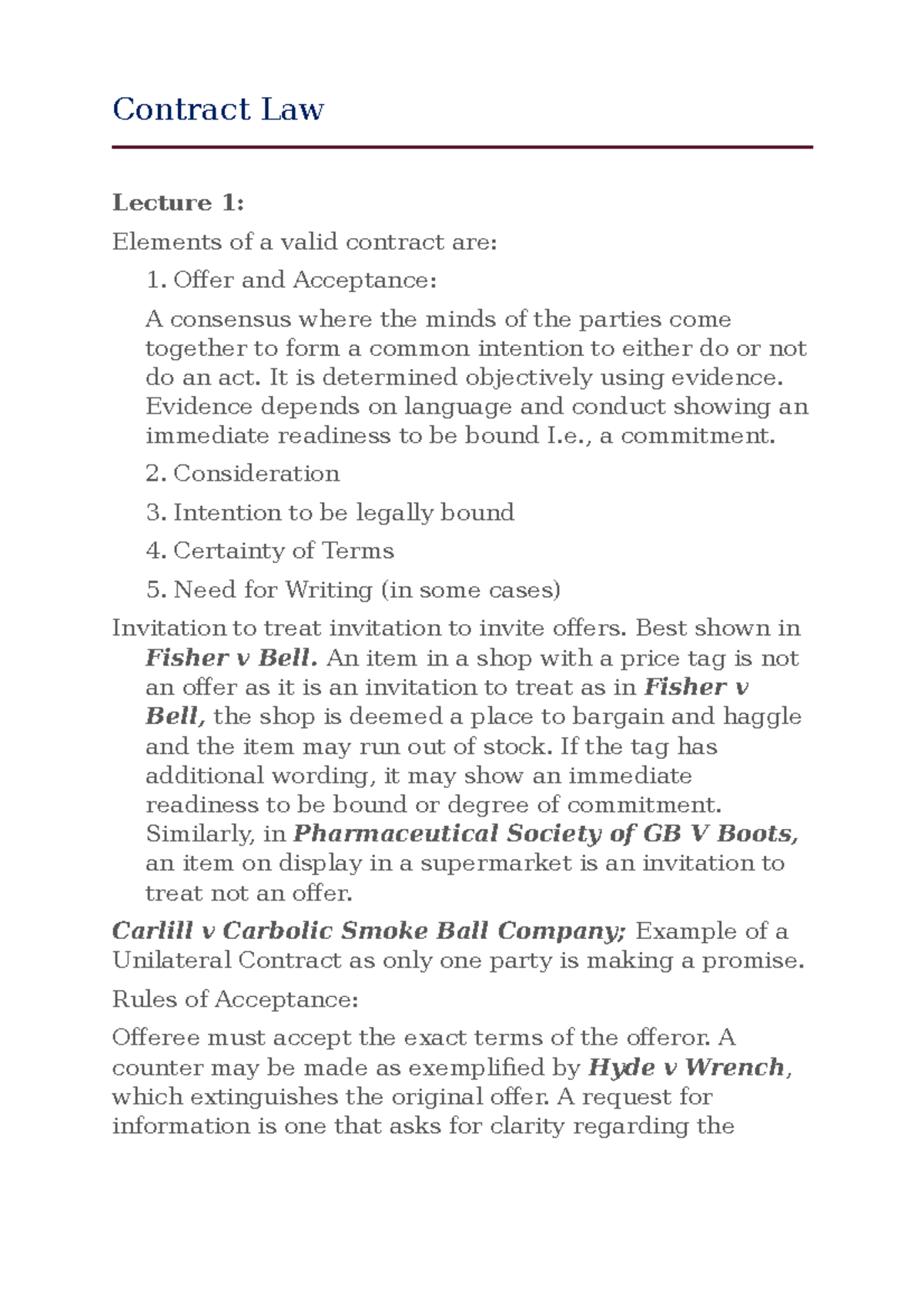Contract Law Notes offer and acceptance, promissory estoppel