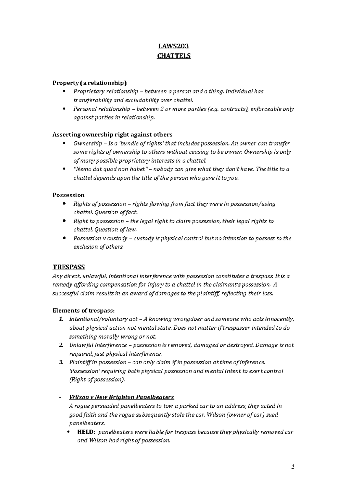 1. Chattels - LAWS CHATTELS Property (a relationship) Proprietary ...