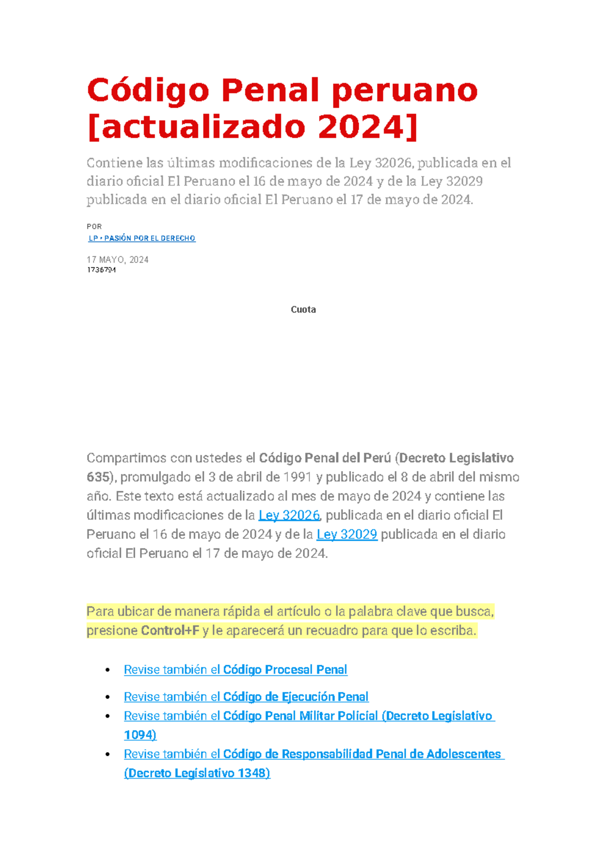 Código Penal peruano Código Penal peruano [actualizado 2024] Contiene