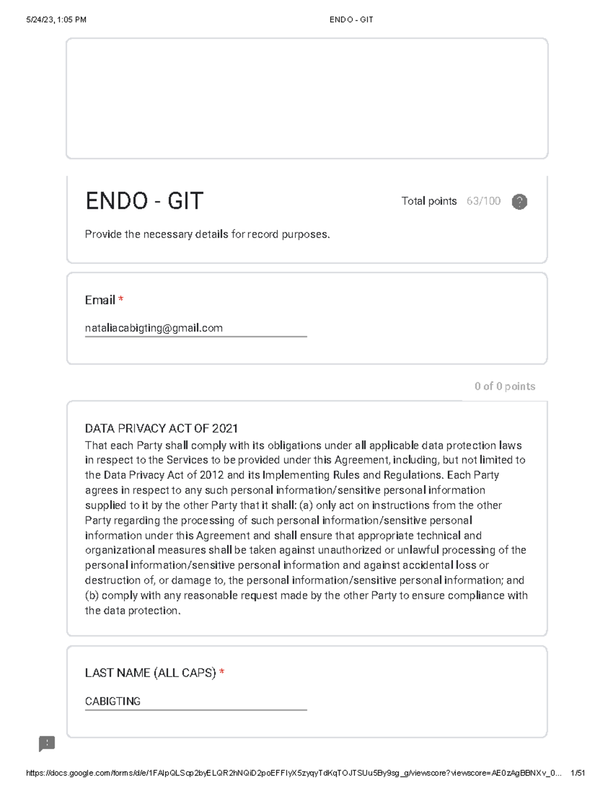 ENDO GIT endo Email * nataliacabigtinggmail 0 of 0 points DATA