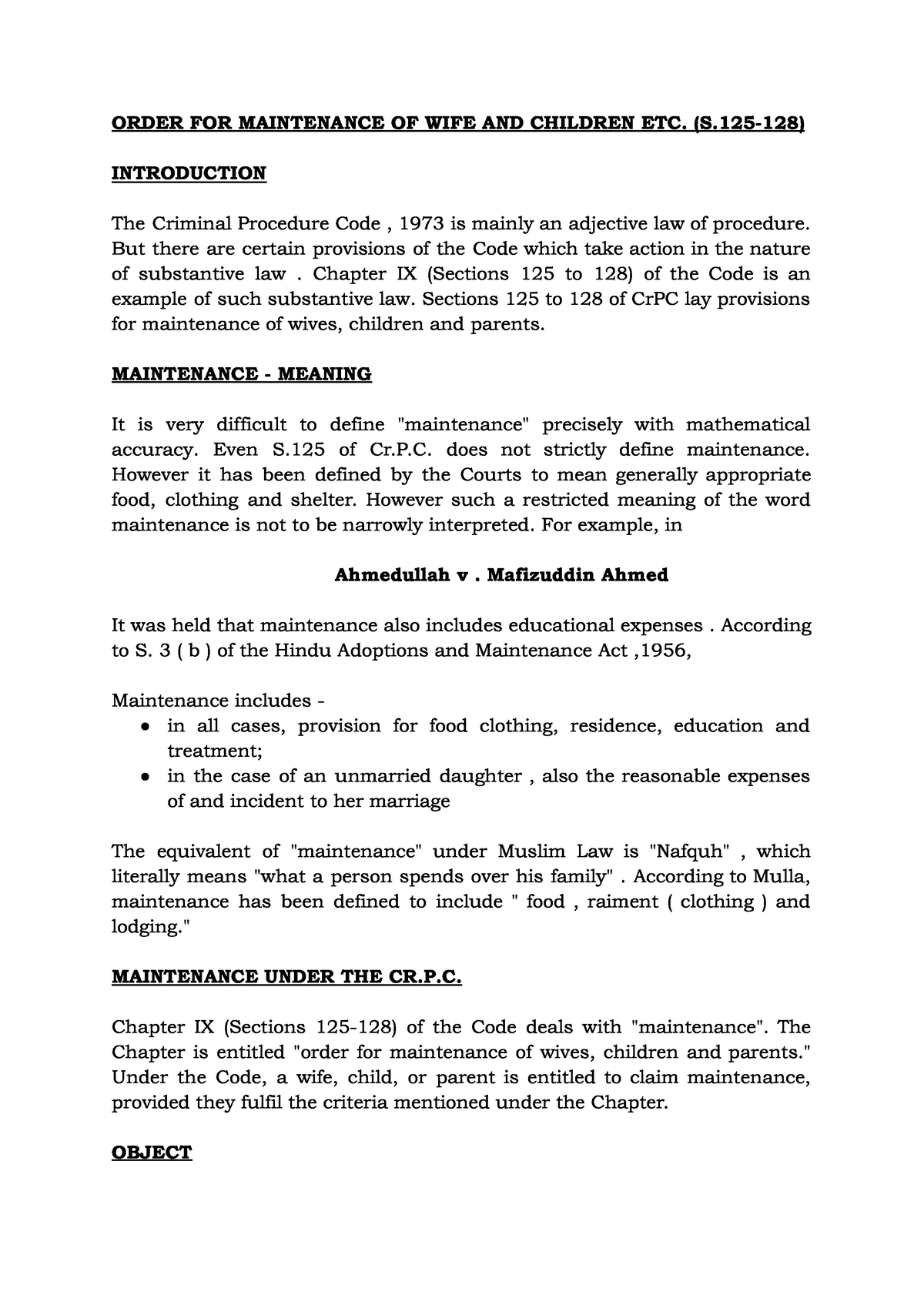 Cr PC Notes- S.125-128 Maintenance - ORDER FOR MAINTENANCE OF WIFE