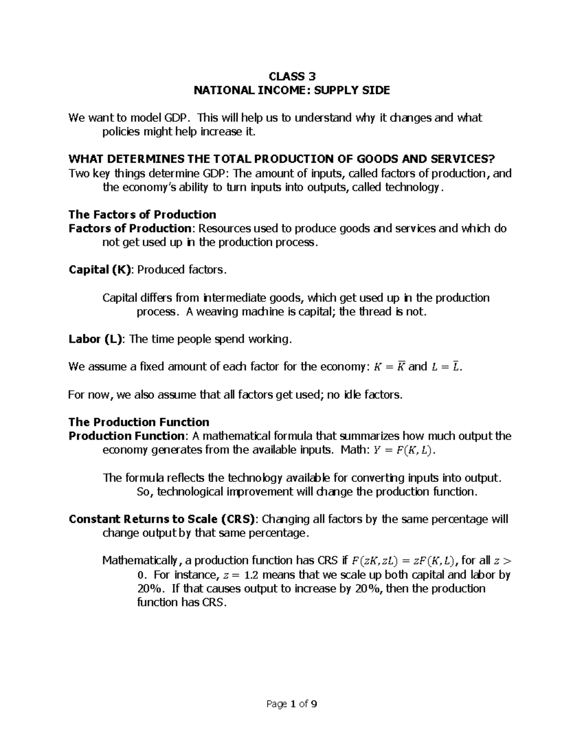 National Income Model Supply Side - CLASS 3 NATIONAL INCOME: SUPPLY ...