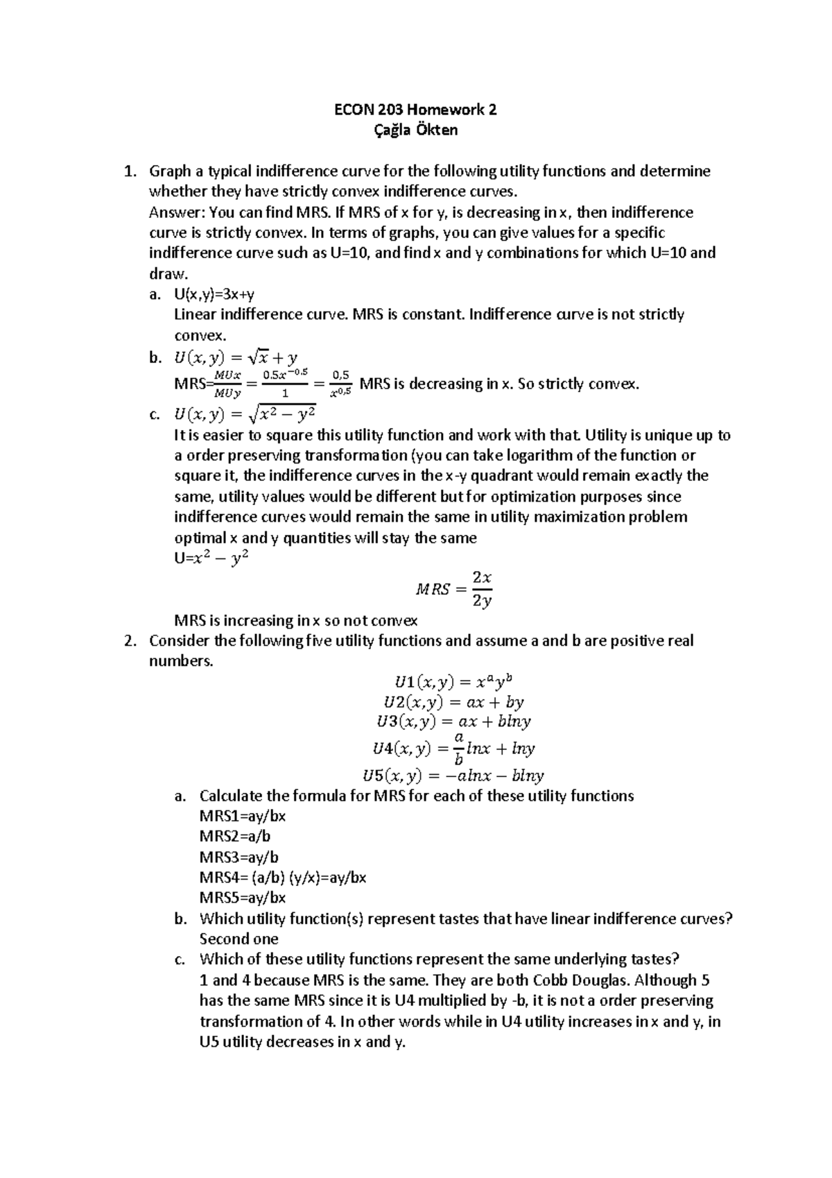 Econ203 hw2 - microeconomics study notes - ECON 203 Homework 2 Çağla ...