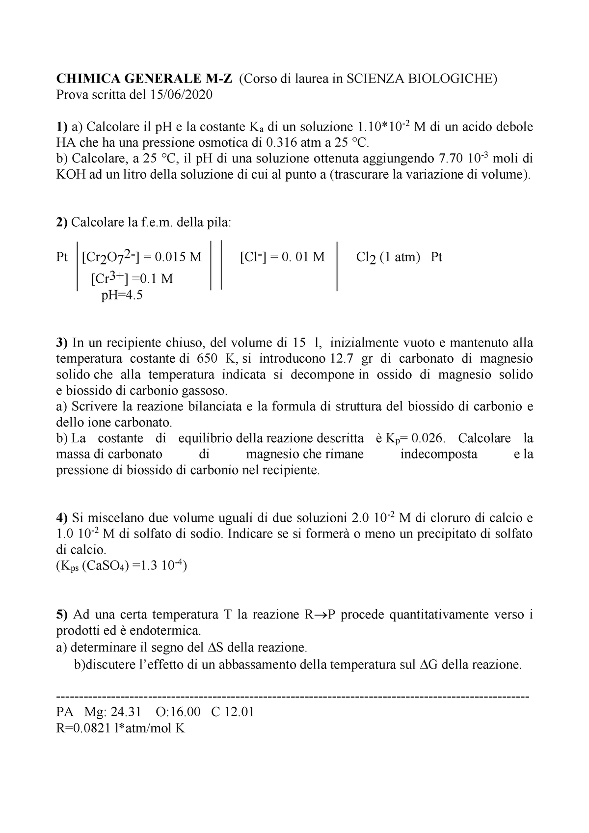 Prova D Esame Del Corso Di Chimica Generale Prof Ssa Susanna Piccirillo CHIMICA GENERALE M Z