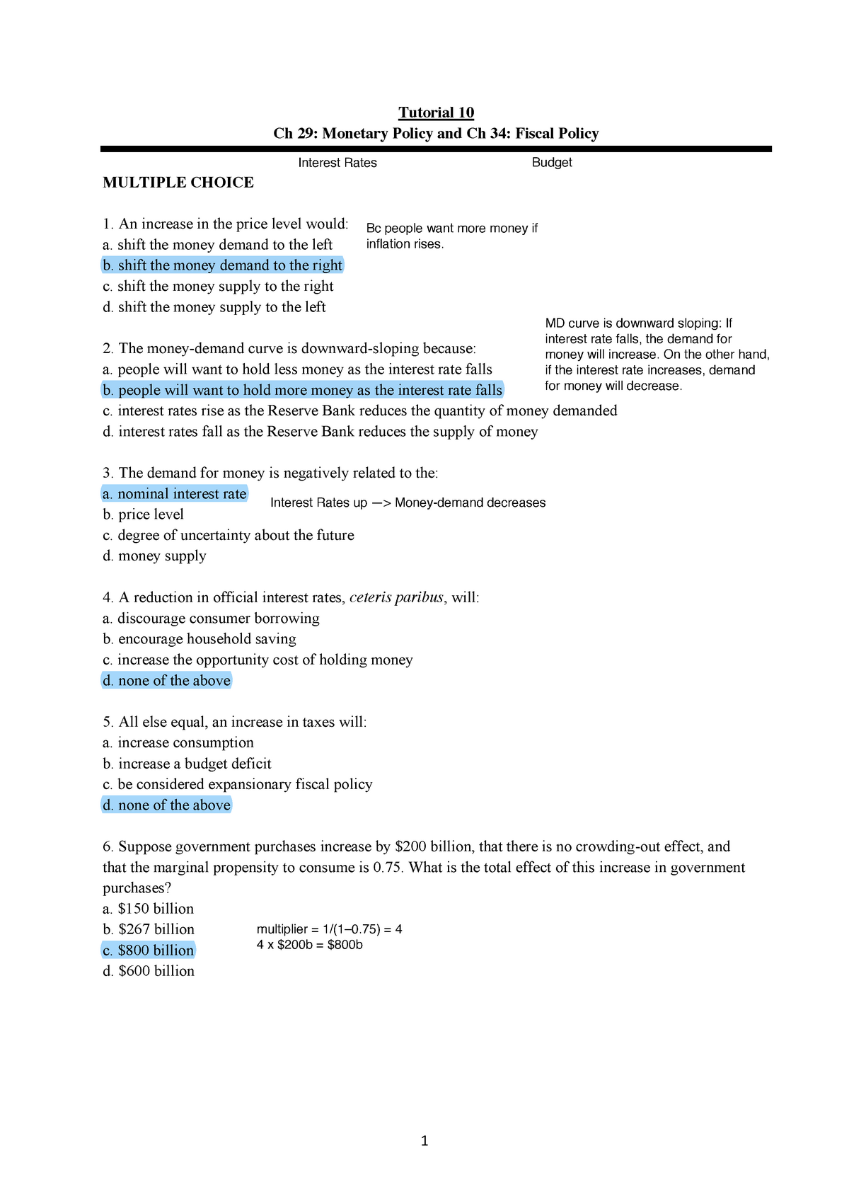 Tutorial 10 Spring 2020 - Tutorial 10 Ch 29: Monetary Policy And Ch 34 ...