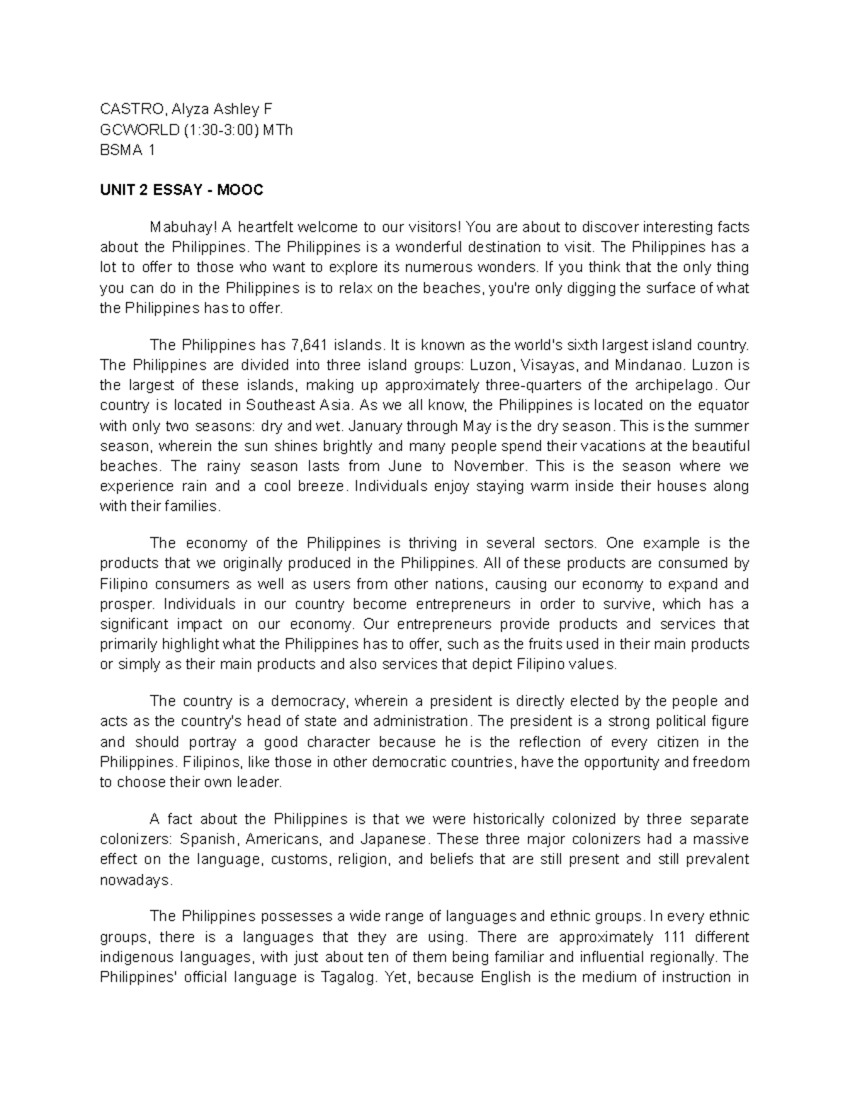 Gcworld-UNIT2 EssaY - CASTRO, Alyza Ashley F GCWORLD (1:30-3:00) MTh ...