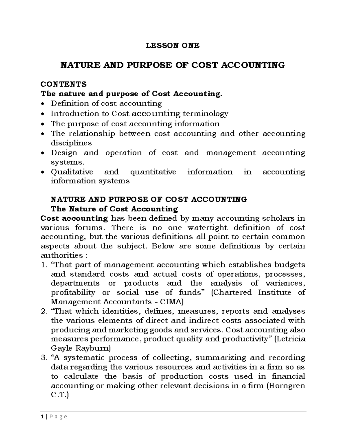 Nature AND Purpose OF COST Accounting LESSON ONE NATURE AND PURPOSE 