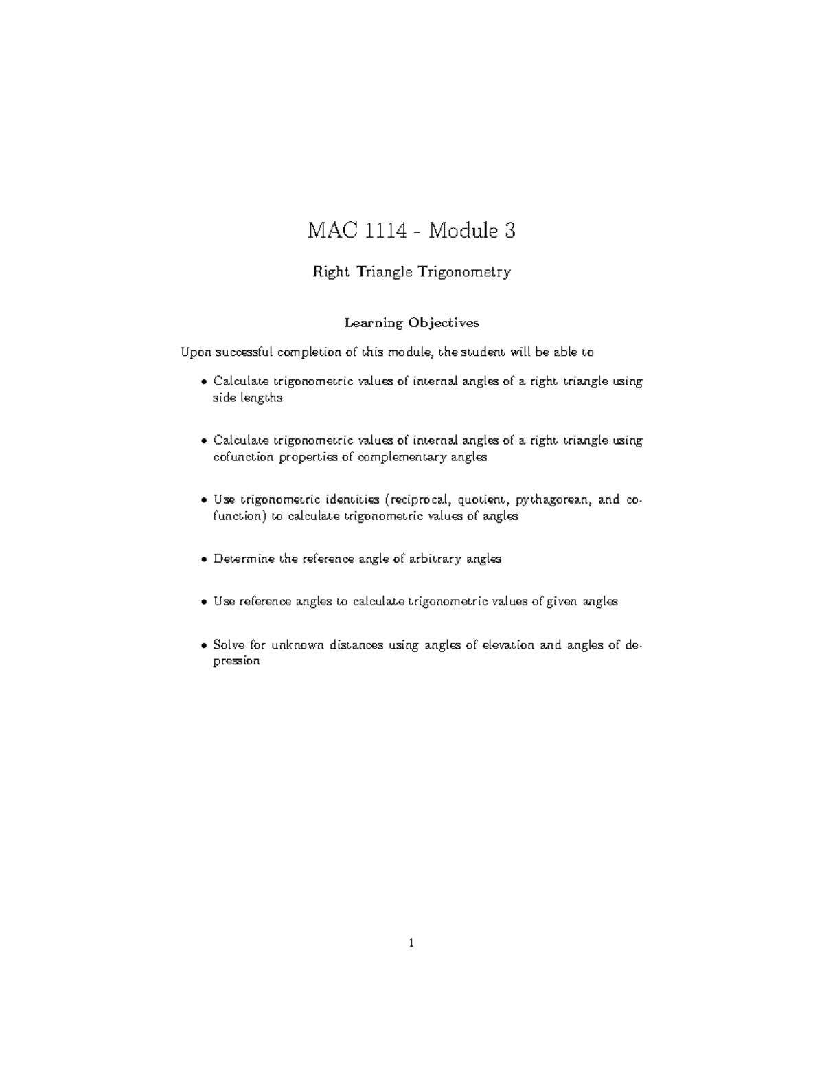 Module+3+Lecture+Notes - MAC 1114 - Module 3 ####### Right Triangle ...