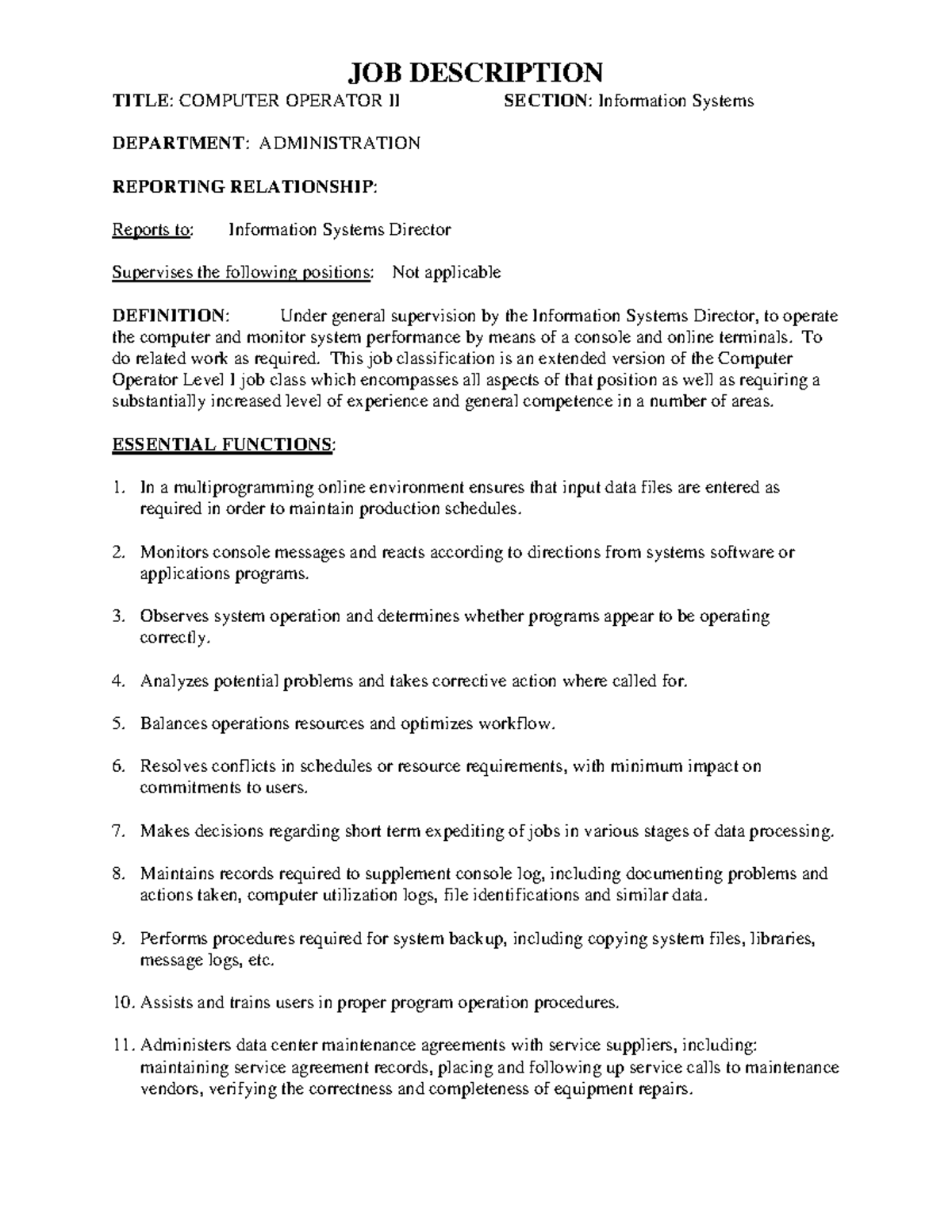Job Analysis and description - JOB DESCRIPTION TITLE: COMPUTER OPERATOR ...