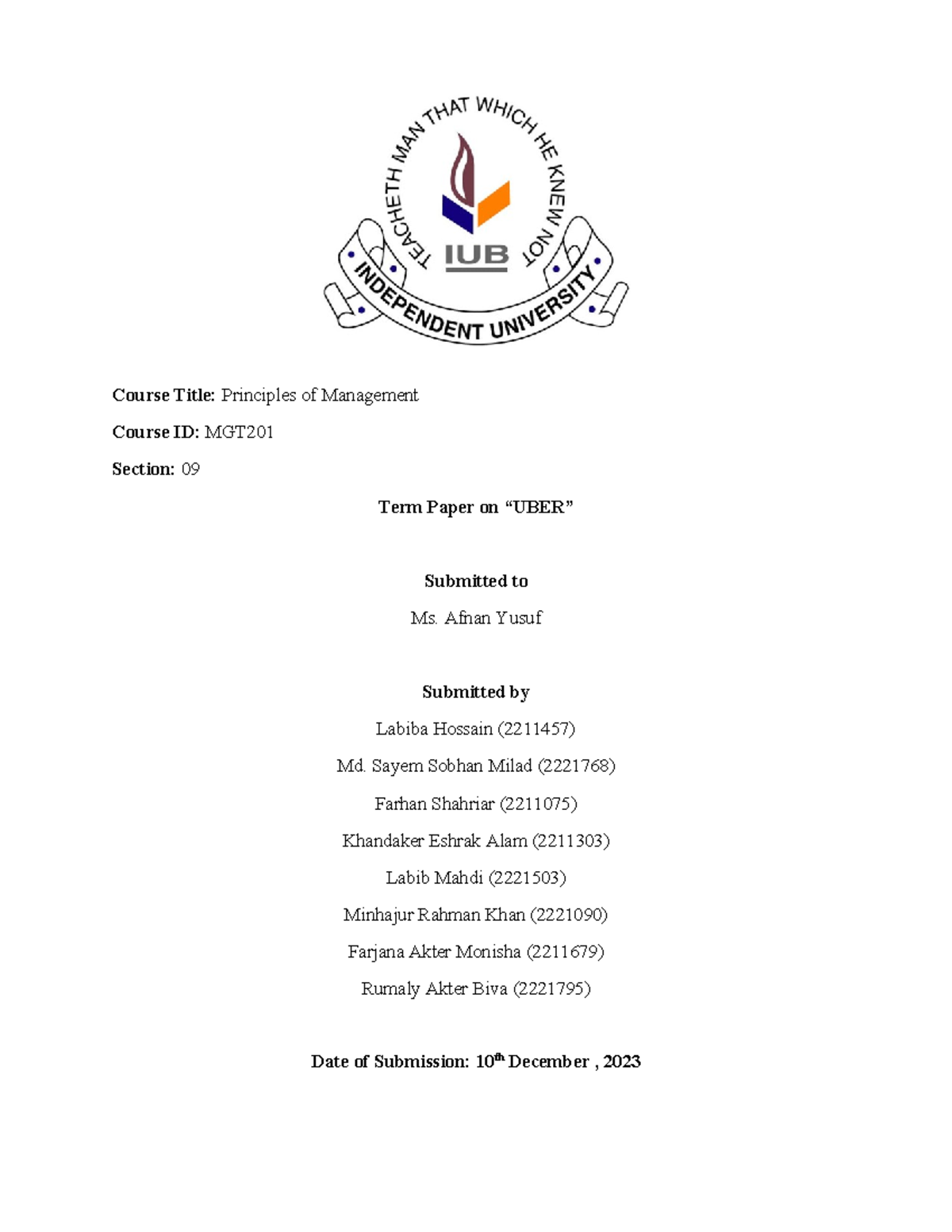 MGT201 Term Paper Group 3 - Course Title: Principles Of Management ...