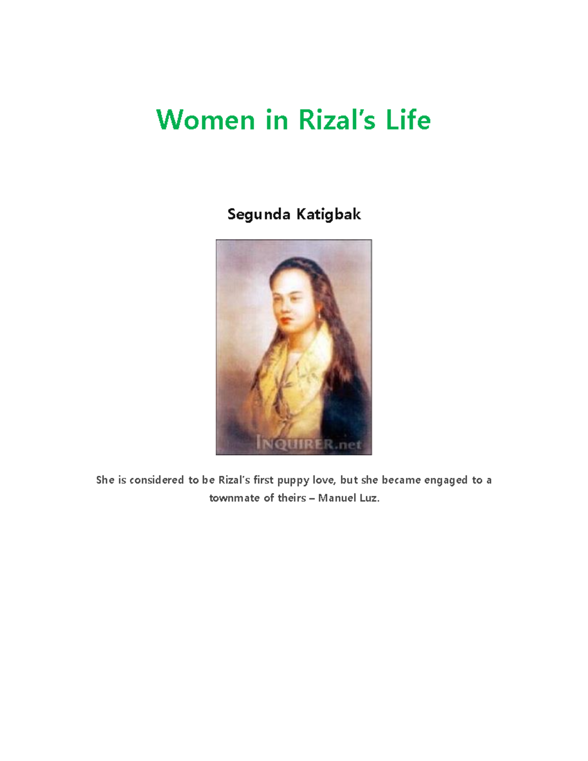 Women in Rizal'S LIFE - Women in Rizal’s Life Segunda Katigbak She is ...