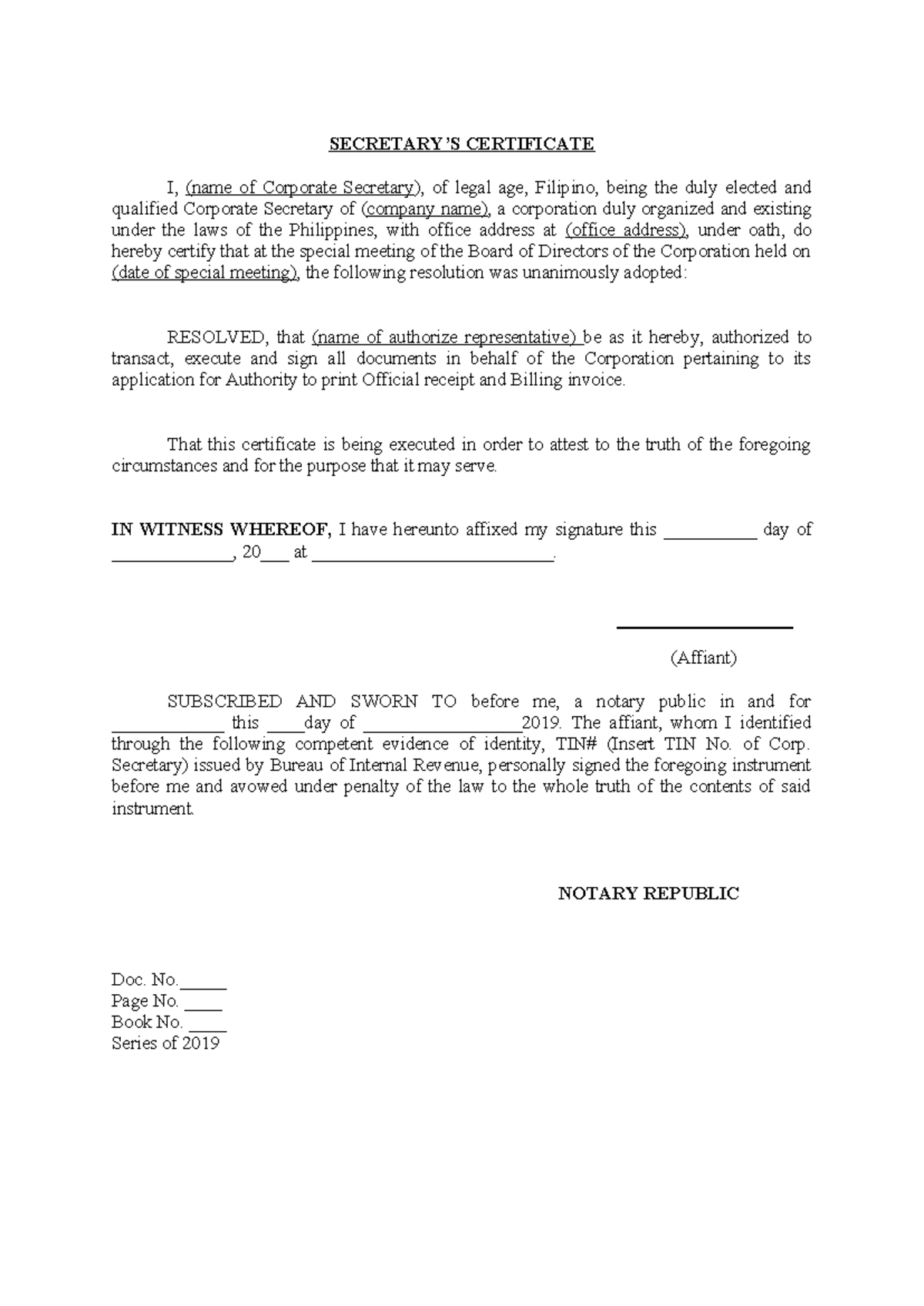 Secretary Certificate - SECRETARY’S CERTIFICATE I, (name of Corporate ...
