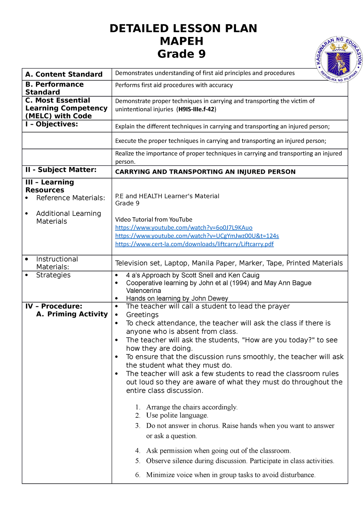 Co 1 Lp Mapeh 9 Lesson Plan Detailed Lesson Plan Mapeh Grade 9 A Content Standard