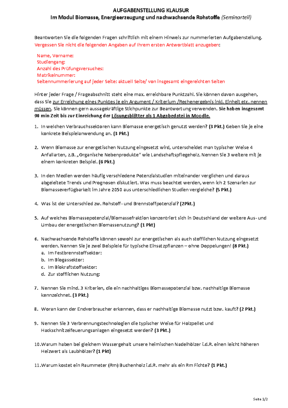 Klausur Aufgabenstellung Klausur Im Modul Biomasse Energieerzeugung