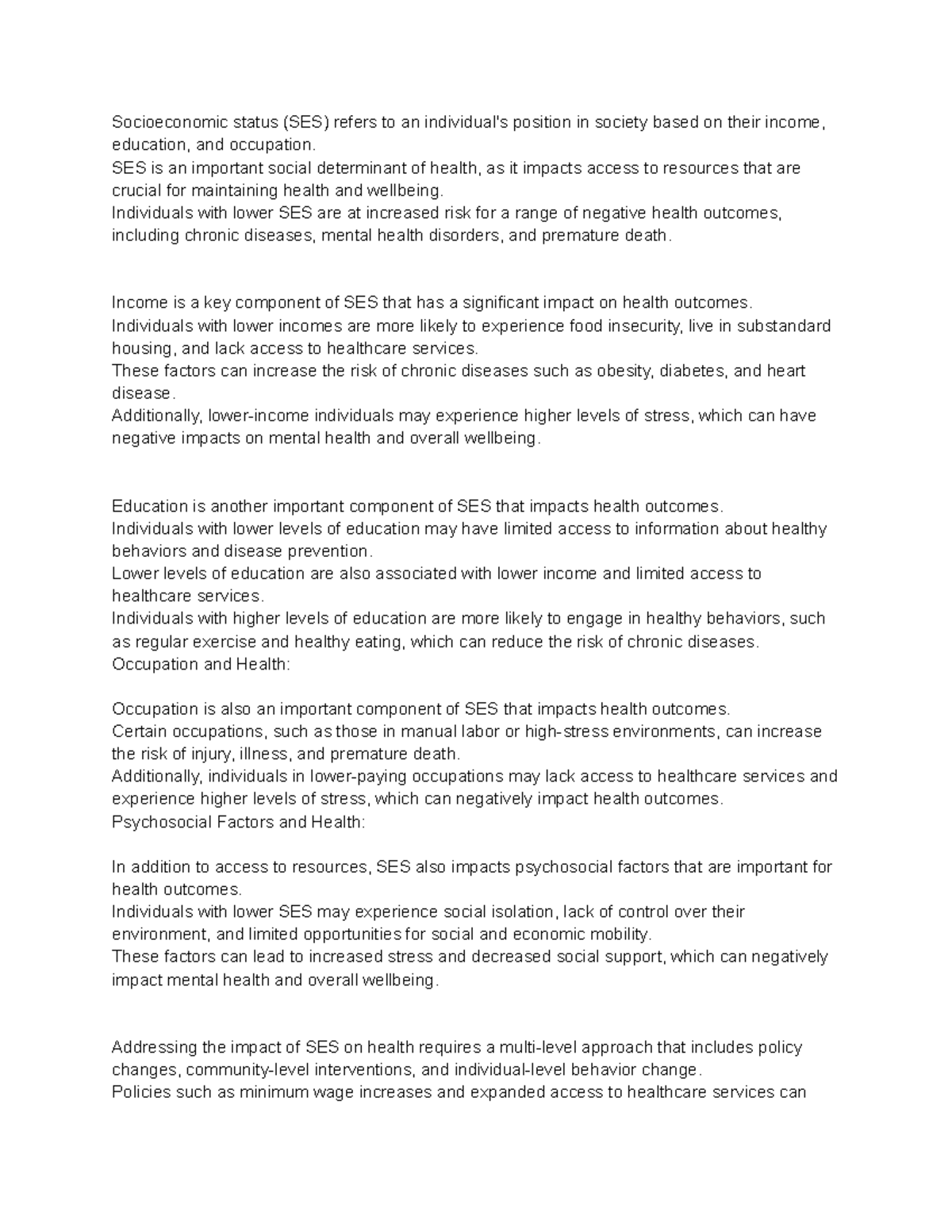 Socioeconomic Status and Health Notes - Socioeconomic status (SES ...