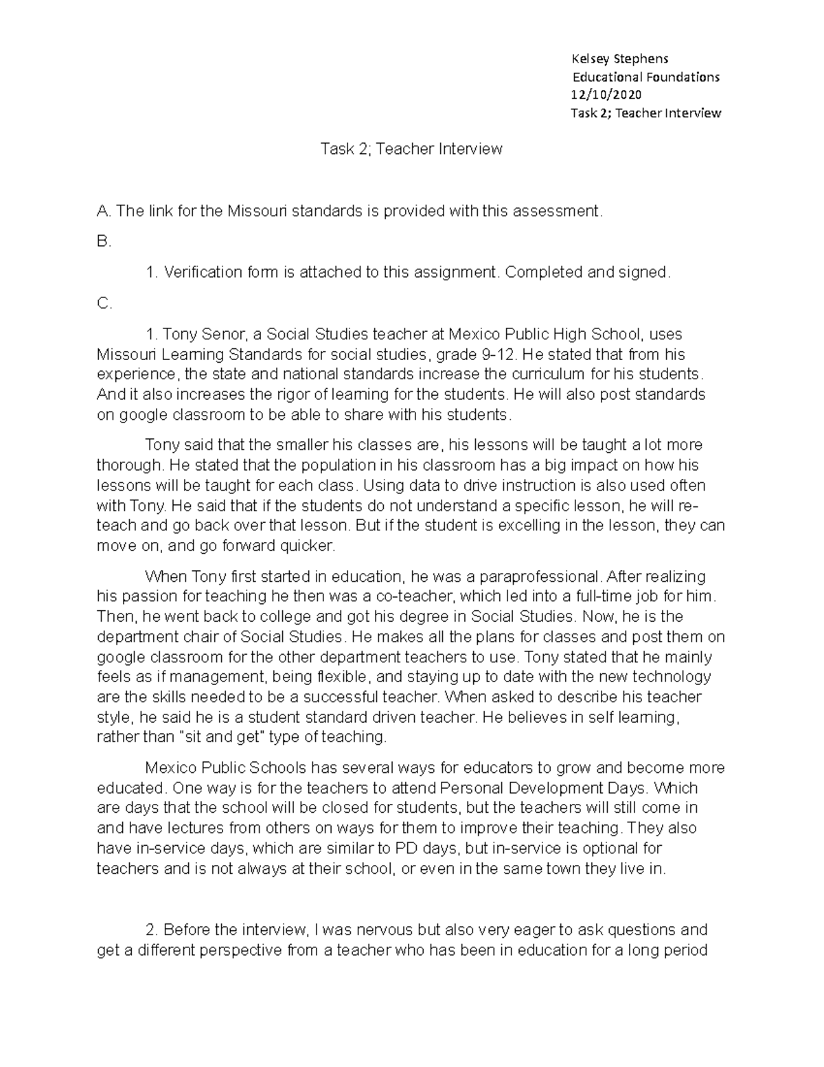 Teacher Interview - course notes - Kelsey Stephens Educational ...