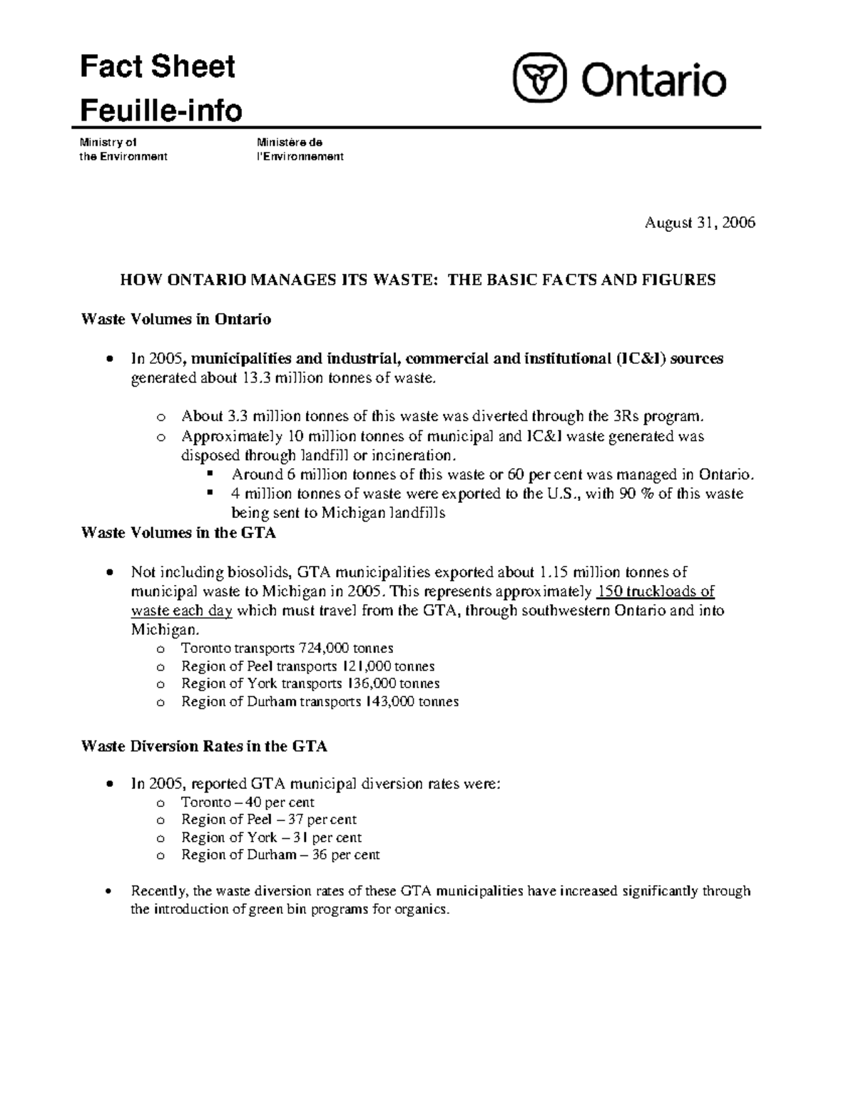 Ministry of the Environment Backgrounder 3 - Fact Sheet Feuille-info ...