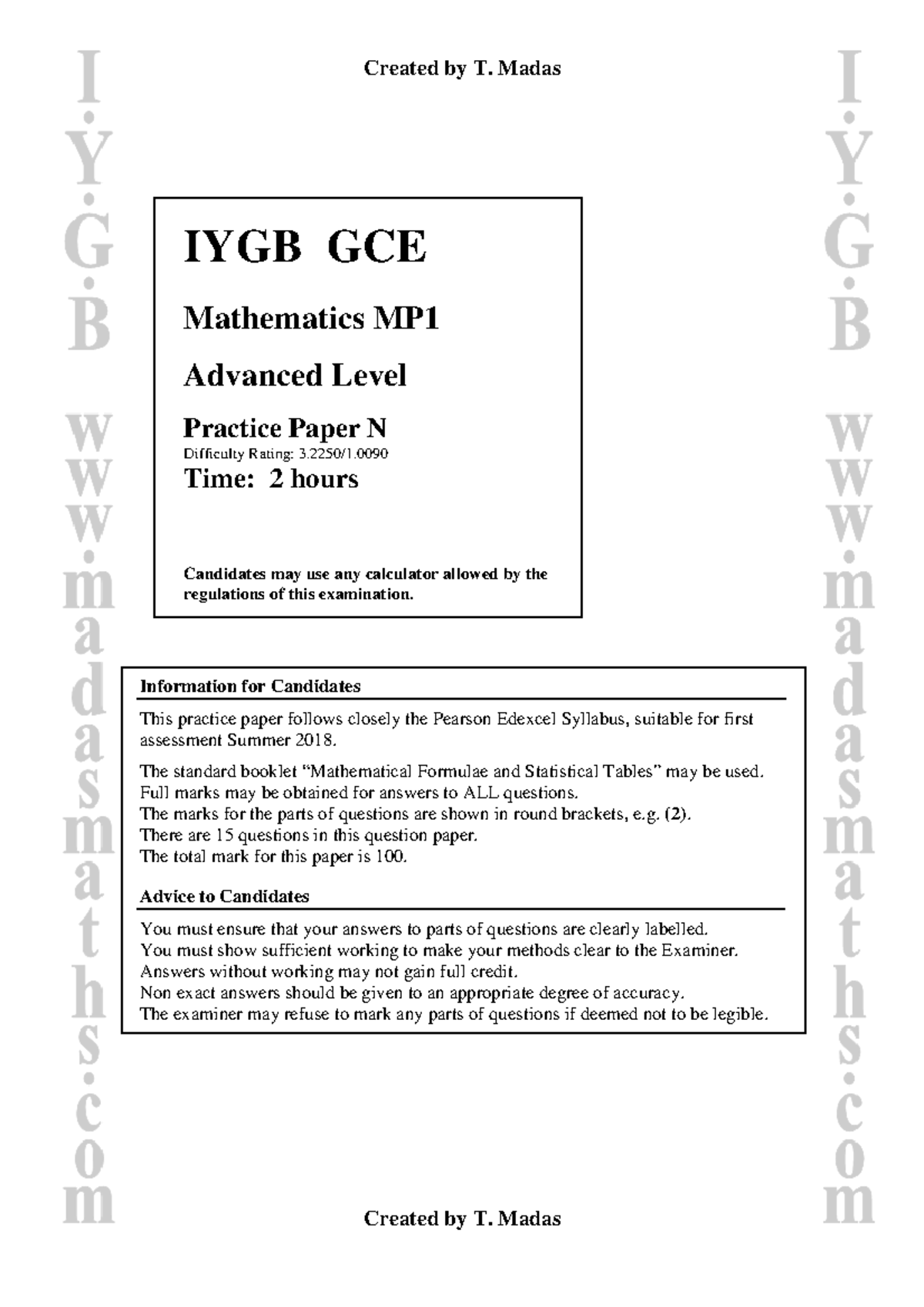 Mp1 n - ada - IYGB GCE Mathematics MP Advanced Level Practice Paper N ...