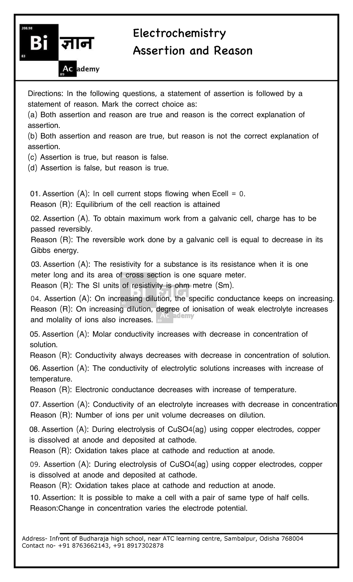 Assertion and reasoning chemistry test address infront of budharaja
