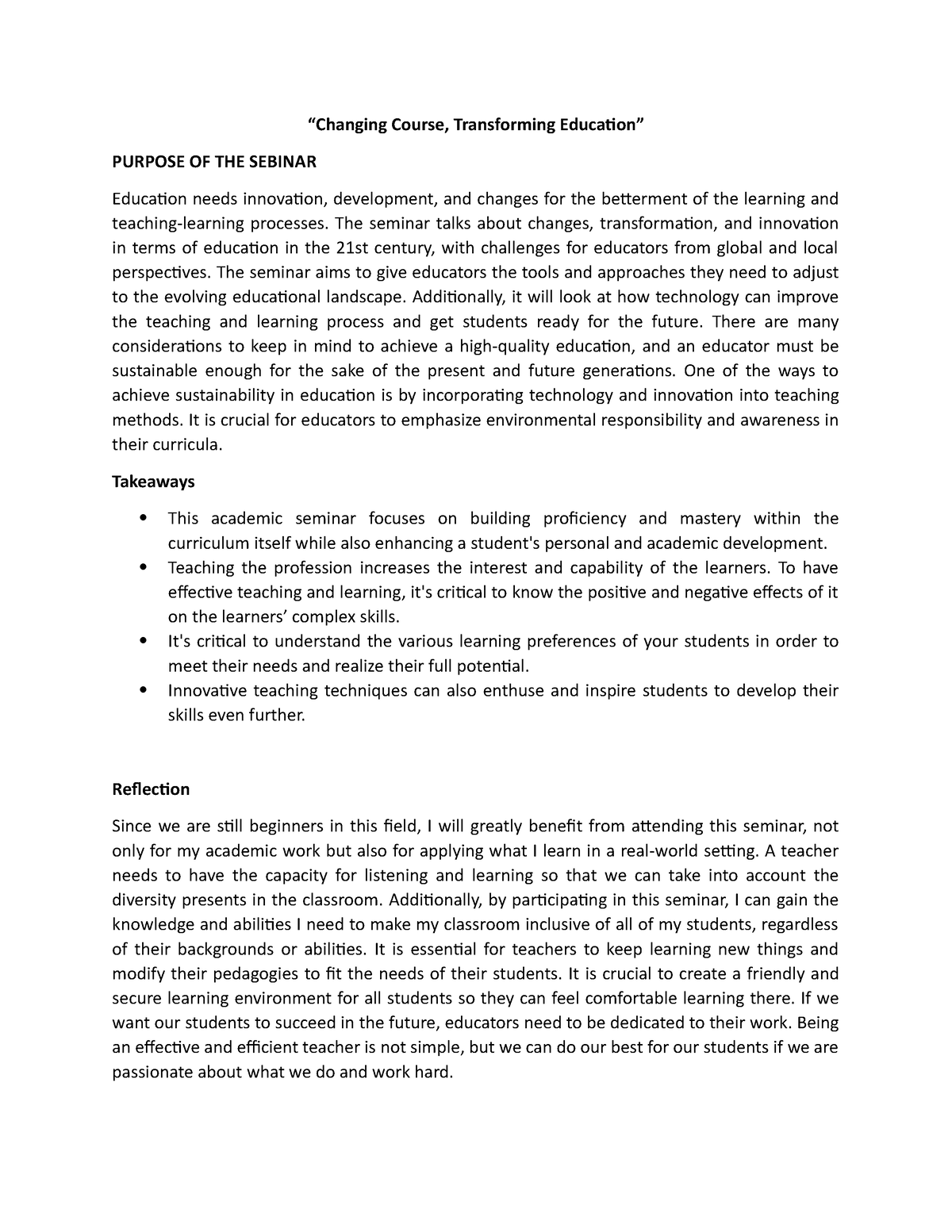 changing course transforming education essay brainly