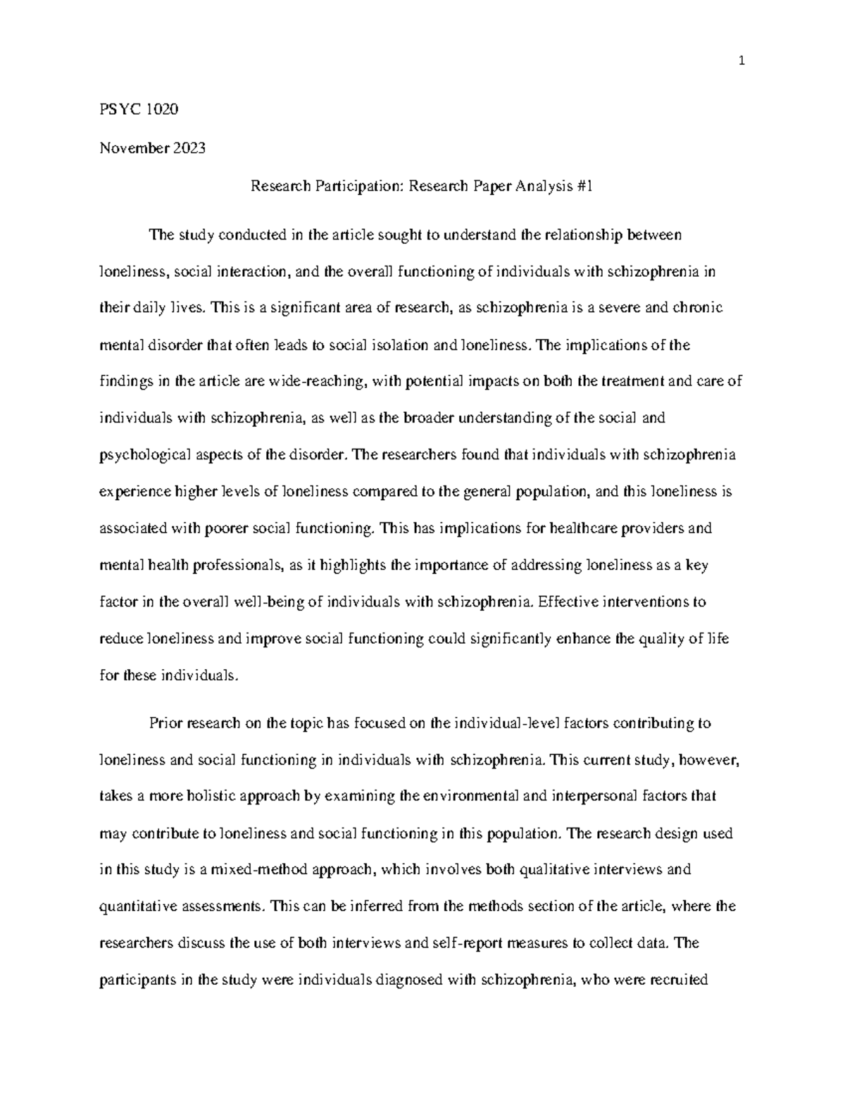 Research Participation #1 - 1 PSYC 1020 November 2023 Research ...