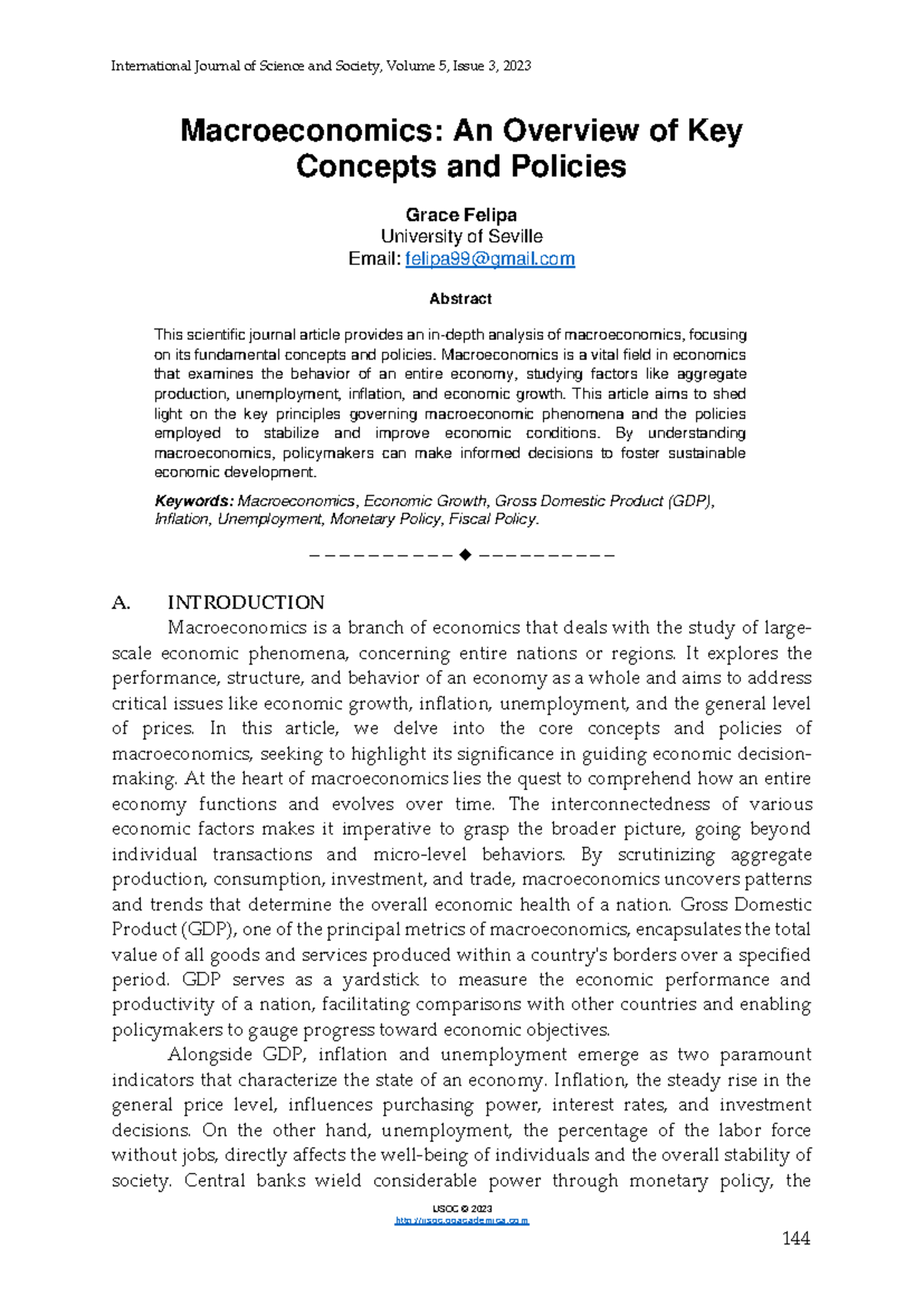 Macroeconomics An Overview of Key Concepts and Pol - IJSOC © 20 23 ...