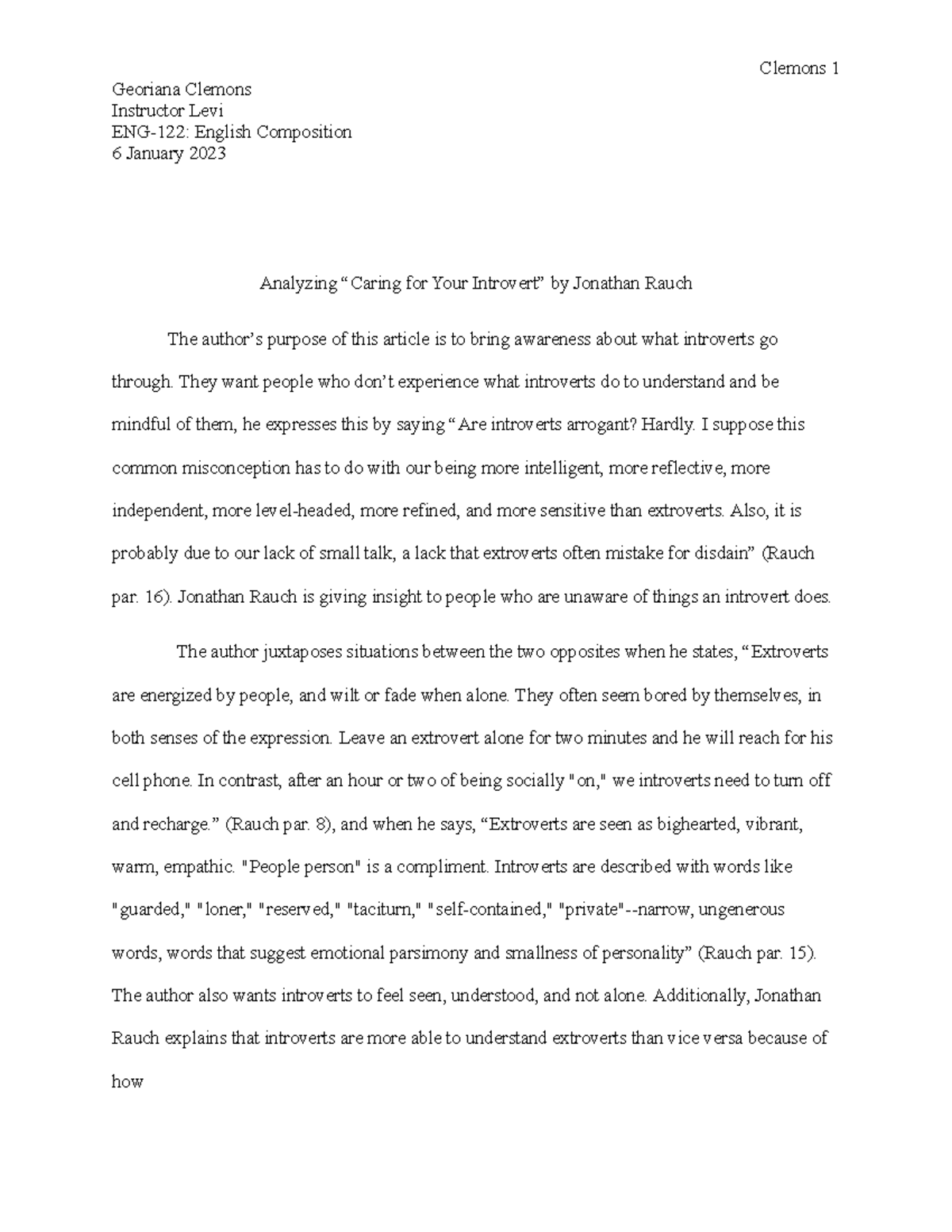 ENG-122 English Composition I - Writting Notes - Clemons 1 Georiana ...