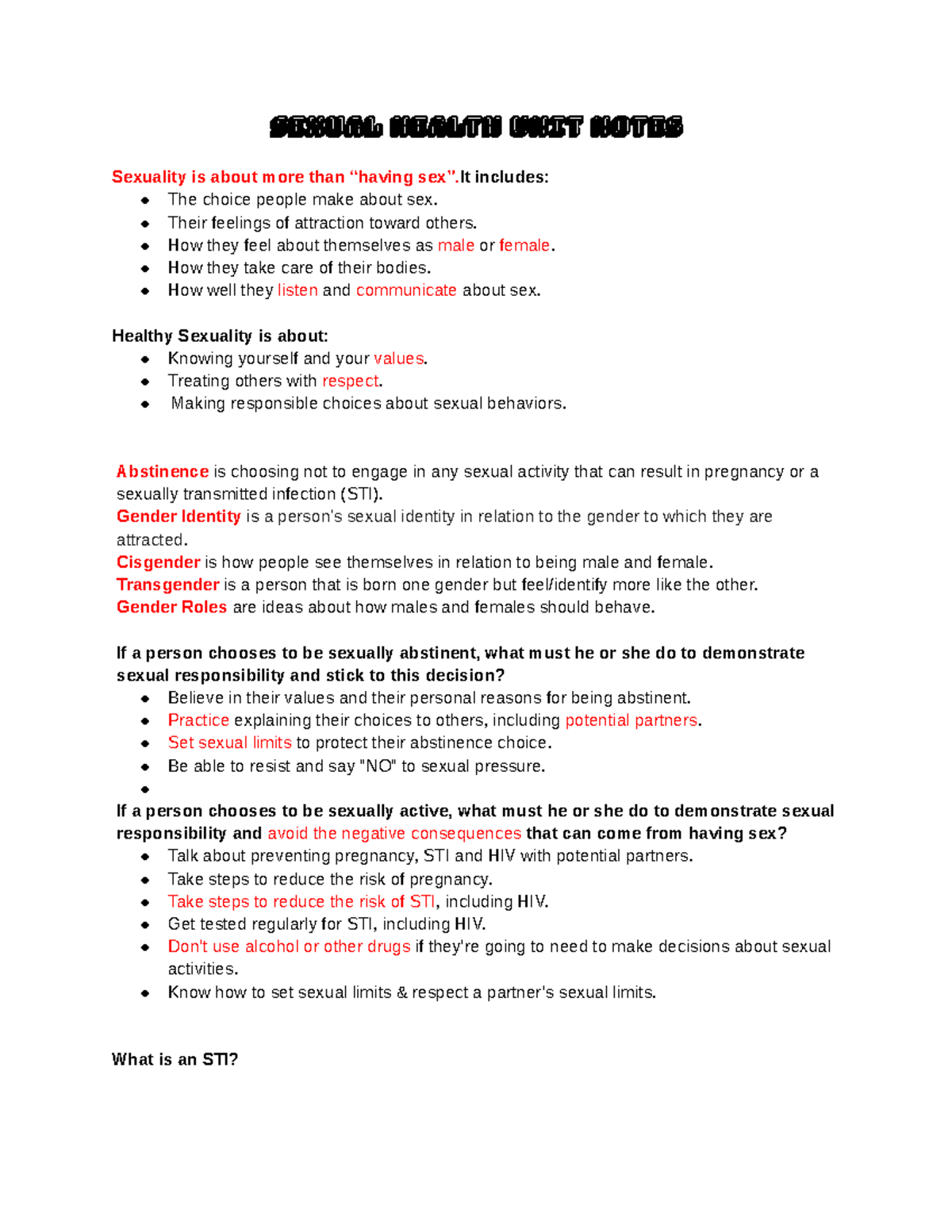 Amareuna Smith Sexual Health Unit Guided Notes Google Docs