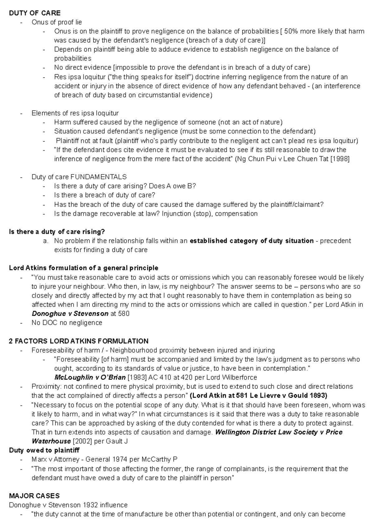 basic torts notes - DUTY OF CARE Onus of proof lie Onus is on the ...