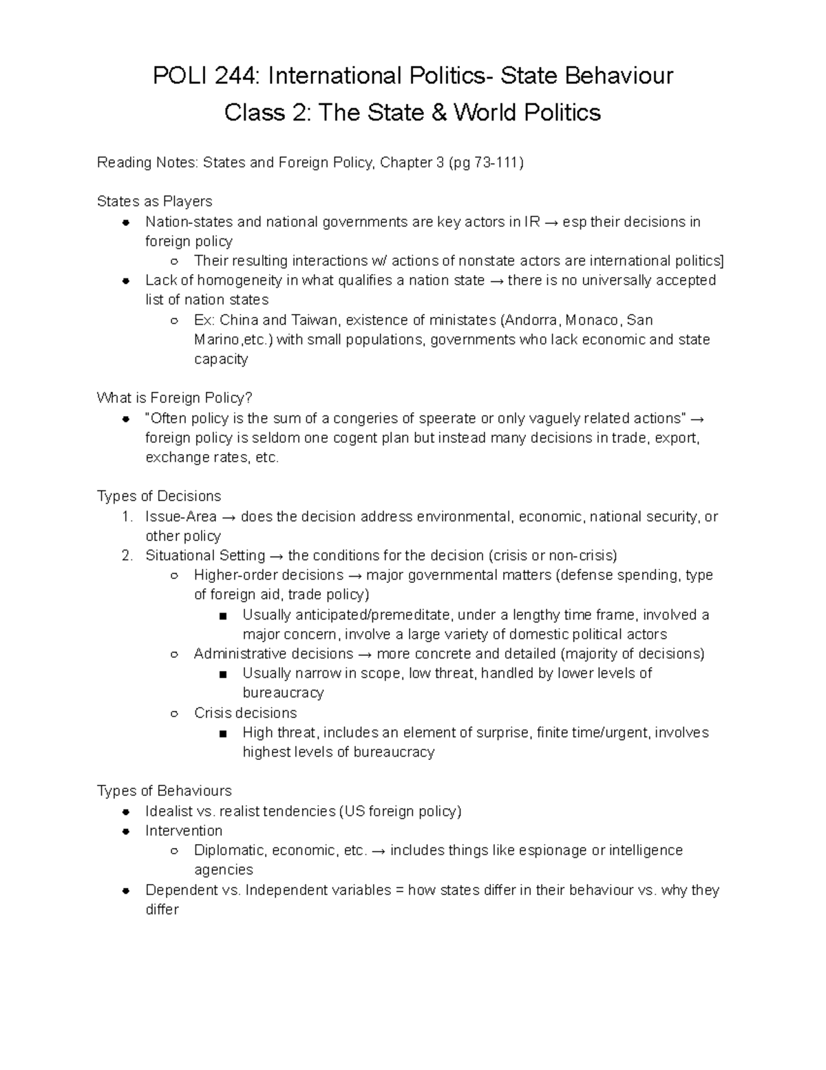 POLI 244 Class 2 The State as the Maker of World Politics - POLI 244 ...