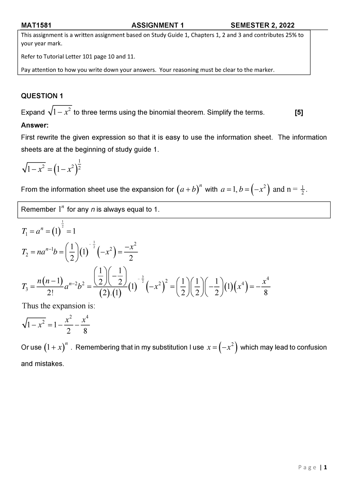 MAT1581 Assignment 1 Solutions Semester 2(version 1) - This assignment ...