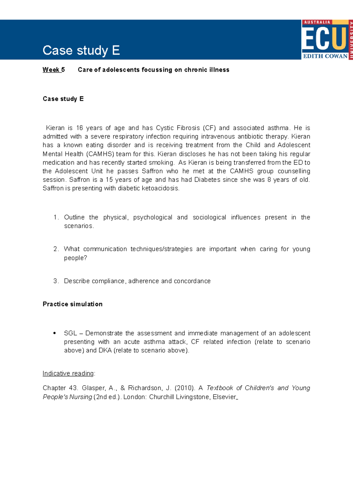 Tutorial work - case study E - Case study E Week 5 Care of adolescents ...