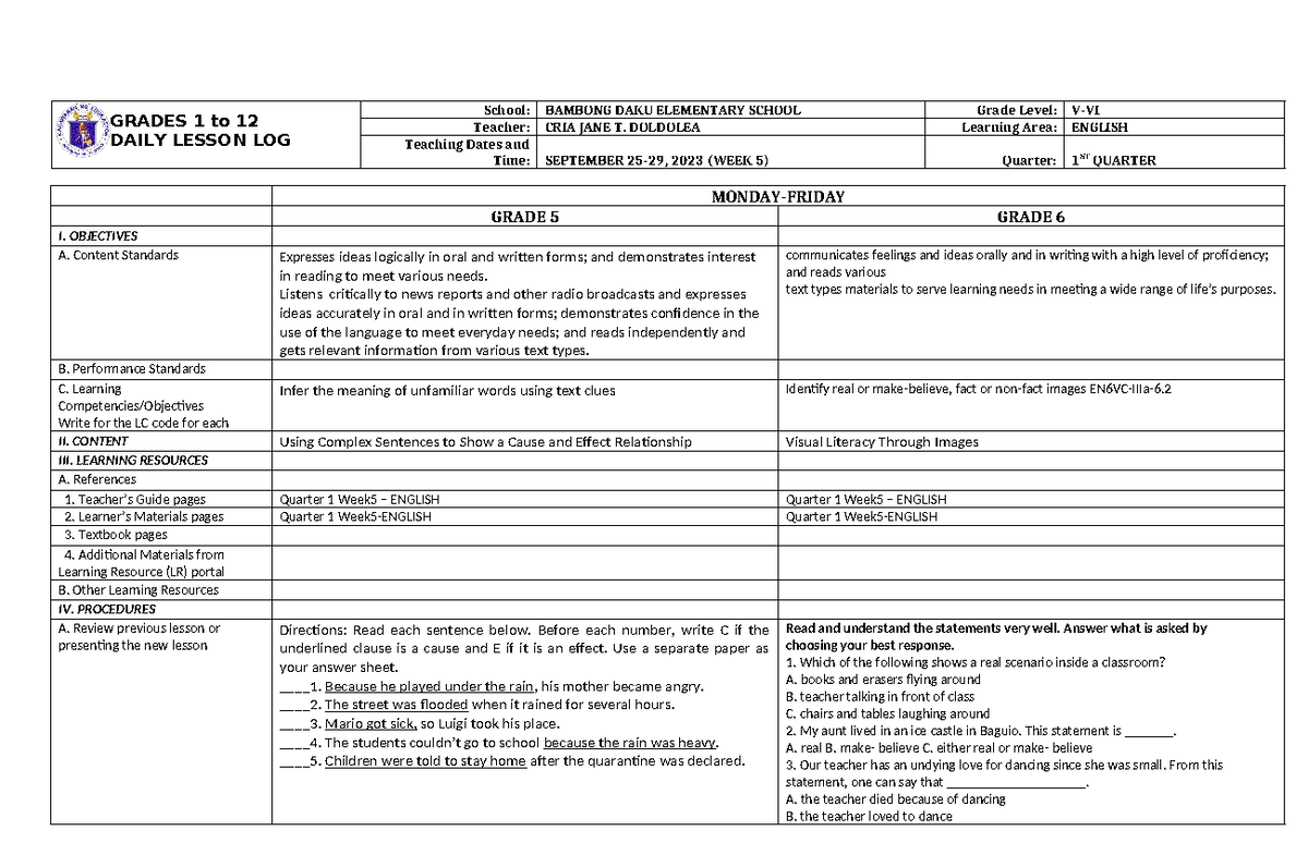 Q1 Multi DLL English WEEK 5 - GRADES 1 to 12 DAILY LESSON LOG School ...